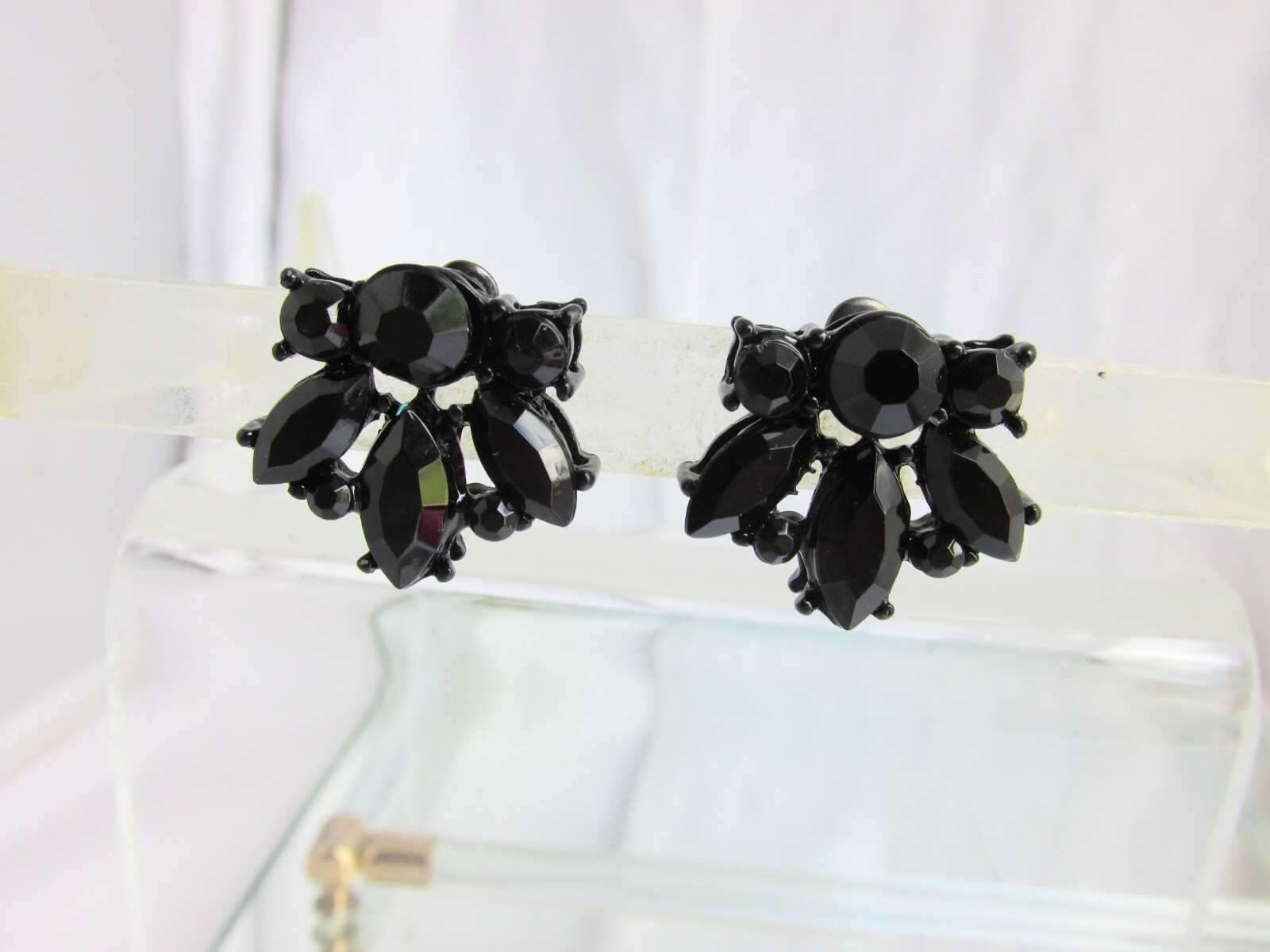 Vintage Black Rhinestone Pierced Earrings Black Enamel Finish