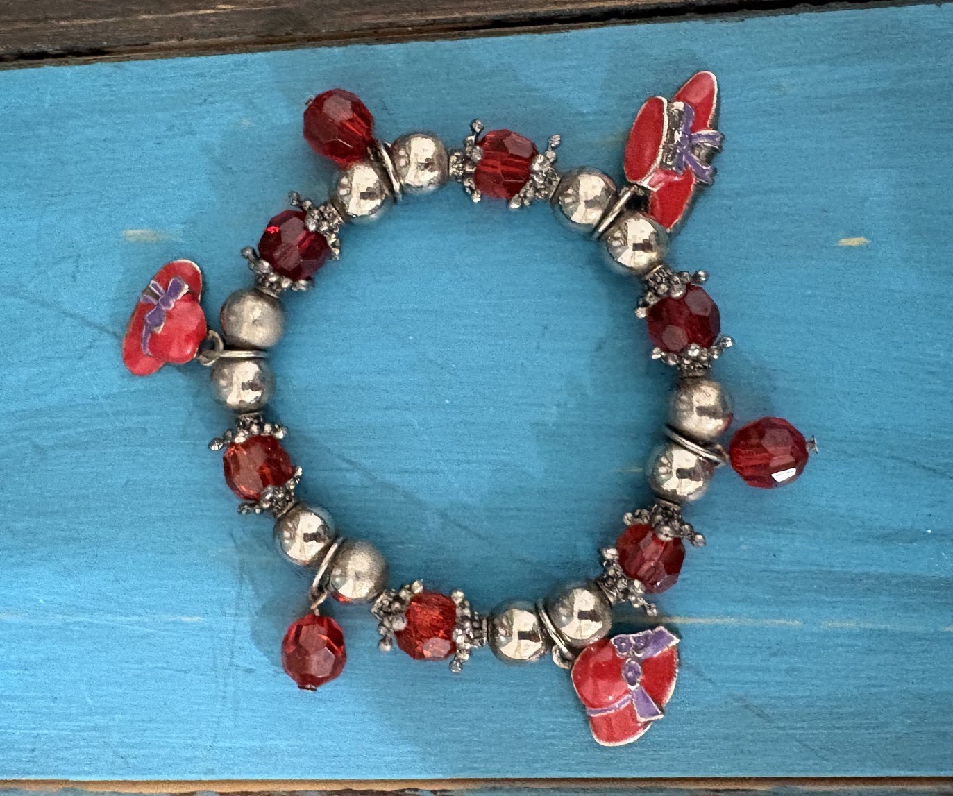 Vintage Red Hat Society Stretch Red and Silver Beaded Charm Bracelet