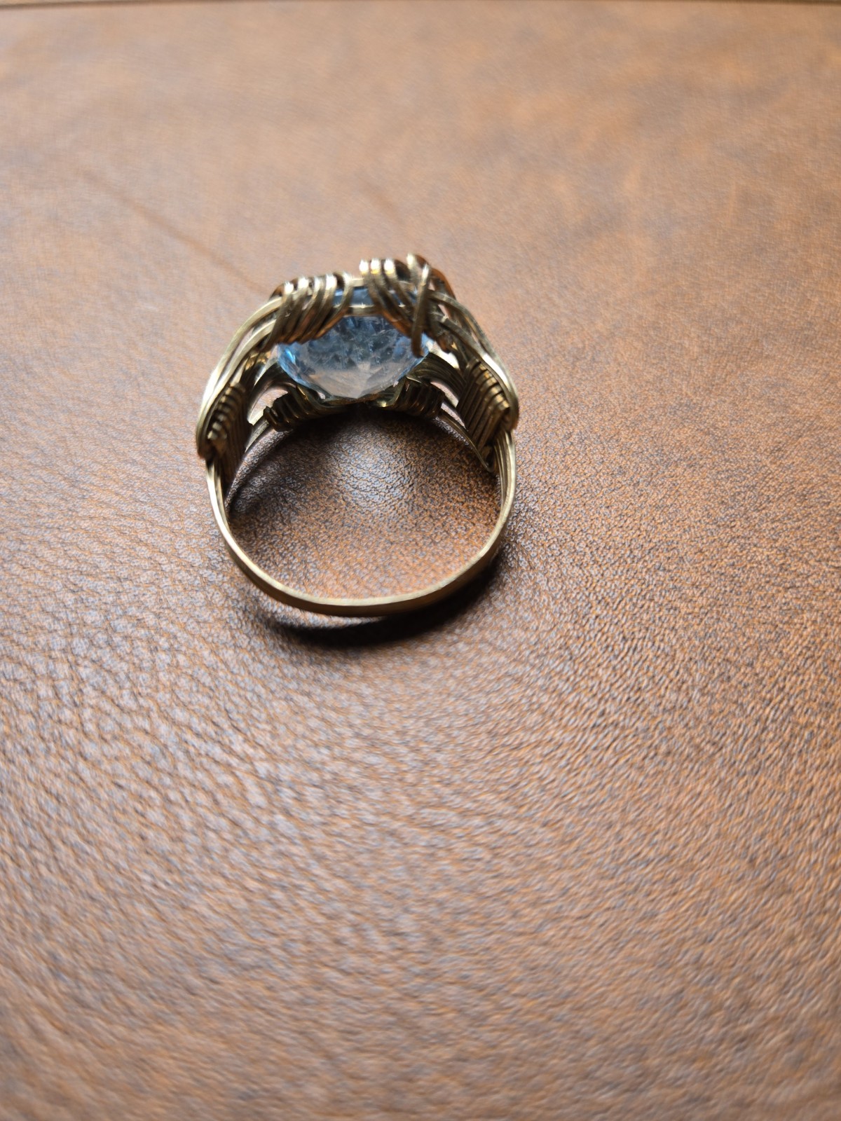 Art Deco Style Gold (Untested) Wire Ring Large Blue Glass Stone