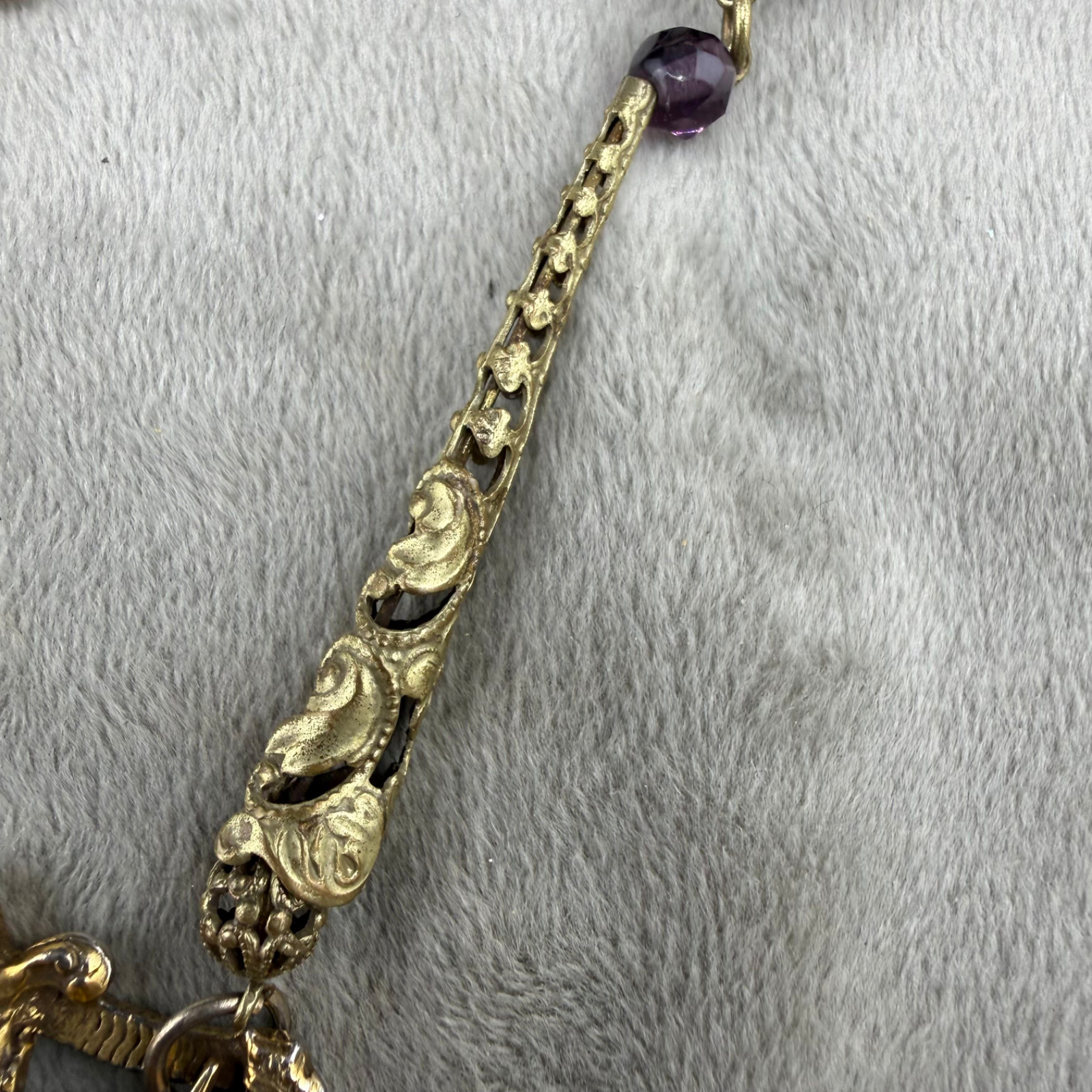 Vintage Masonic Medallion Necklace Gold Tone Filigree Chain Rhinestone READ 28”