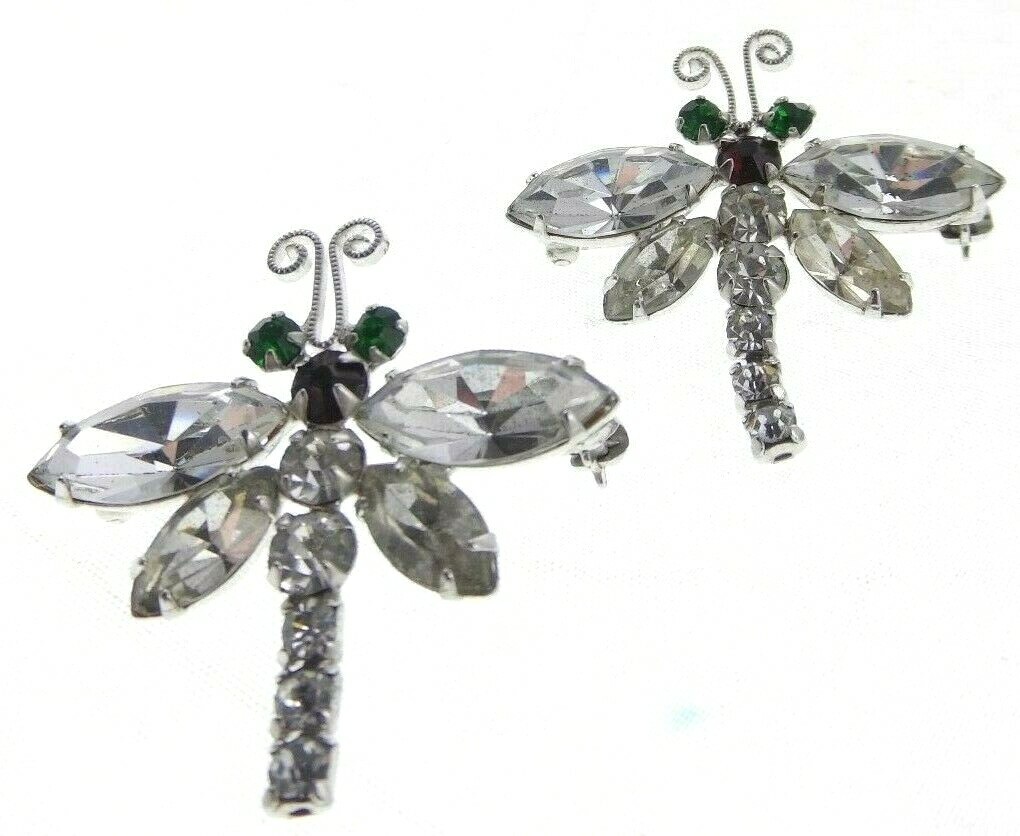 2pc Set Vintage 1.5″ Prong Set Rhinestone Dragonfly Brooch Insect Bug