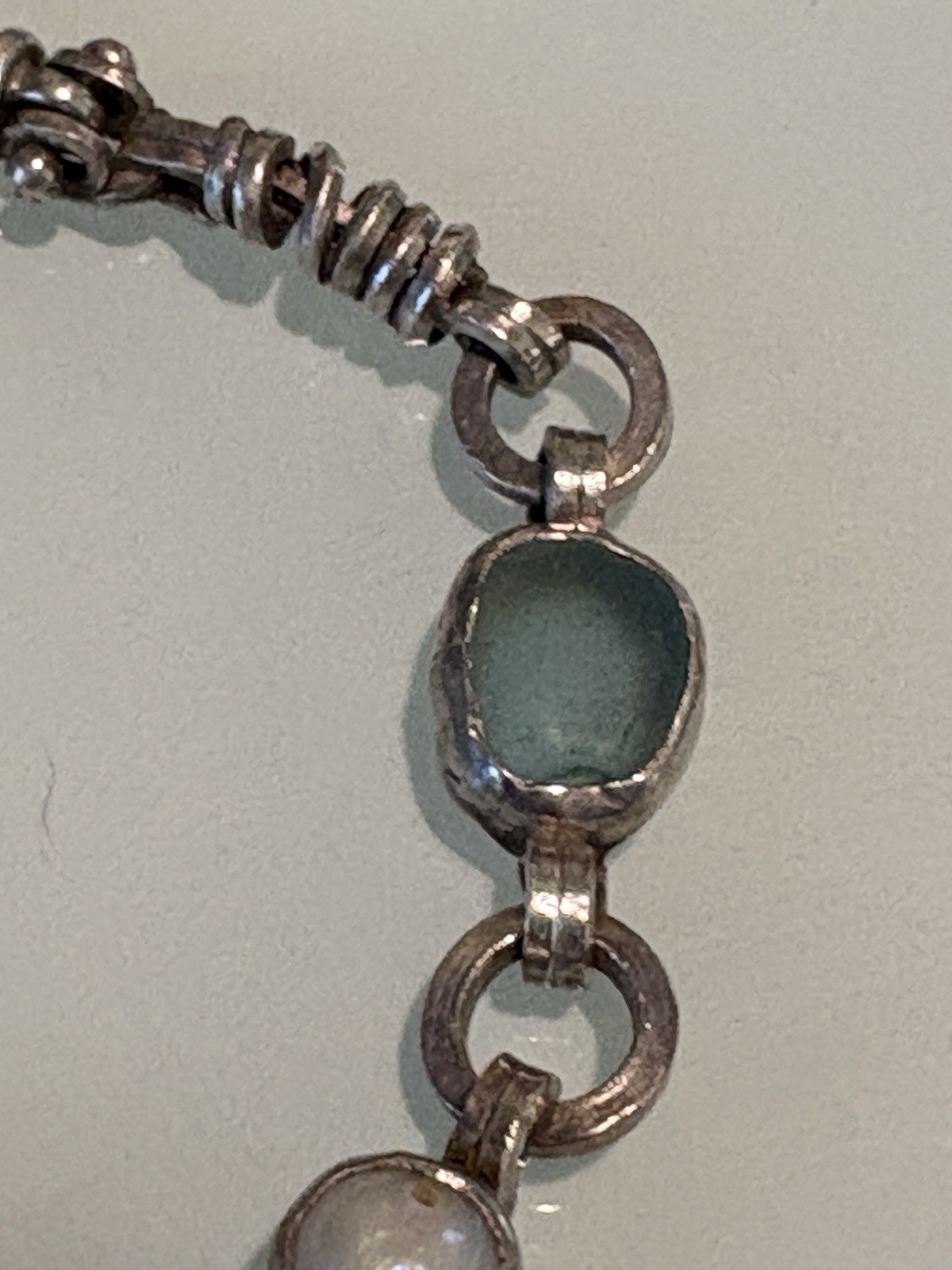 VTG 925 Sterling Silver, Blue Seaglass And Pearl Bracelet 7.5 Handmade 22 Grams