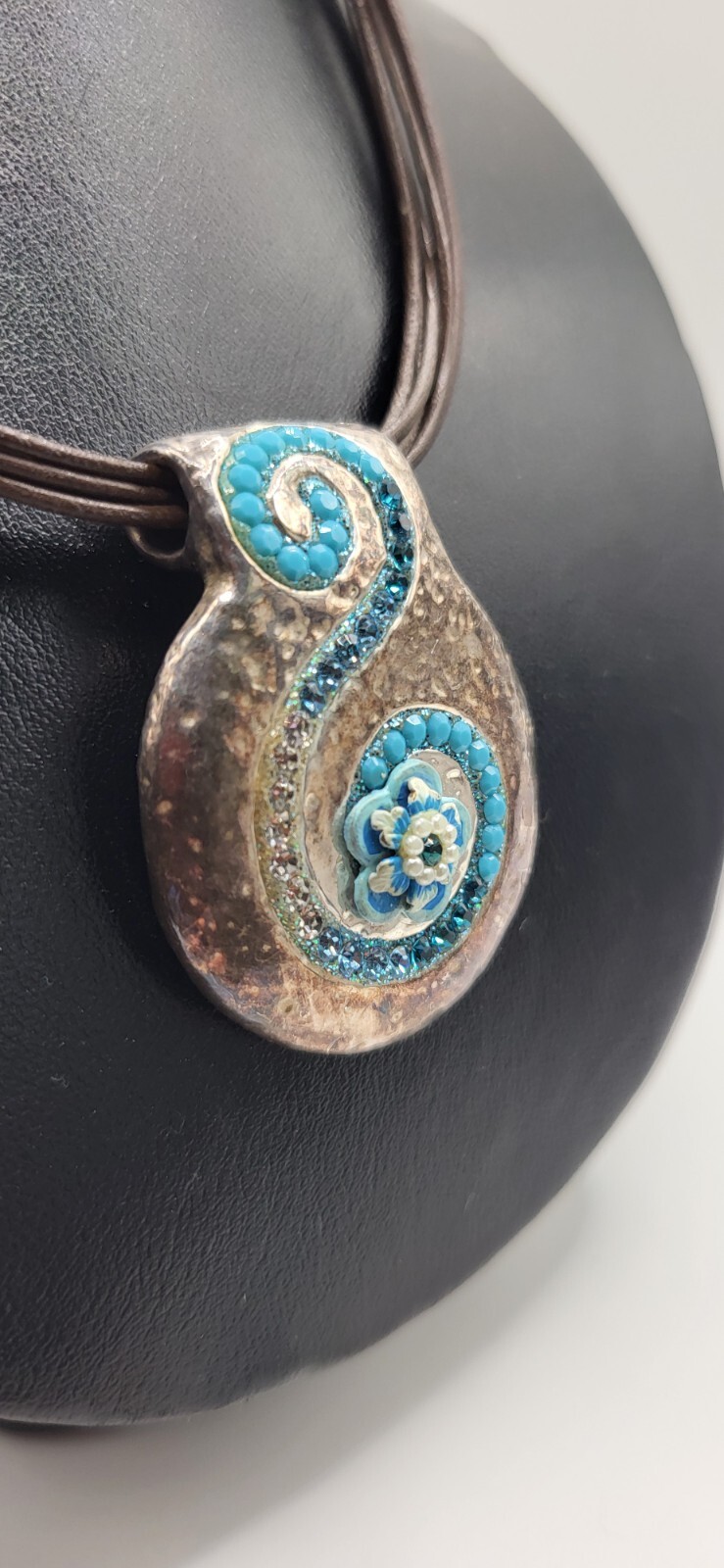 Blue Crystal 925 Sterling Italy Pendant Necklace Leather Cord Artistan Crafted