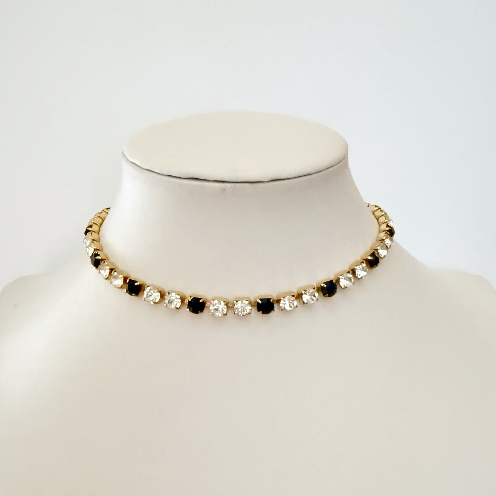 Vintage Trifari Black & Clear Rhinestone Tennis Choker Necklace Goldtone