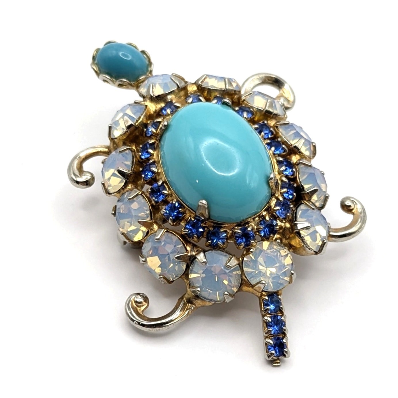 Vintage Rhinestone Blue Cabochon Figural Turtle Sea Life Brooch Pin 2in