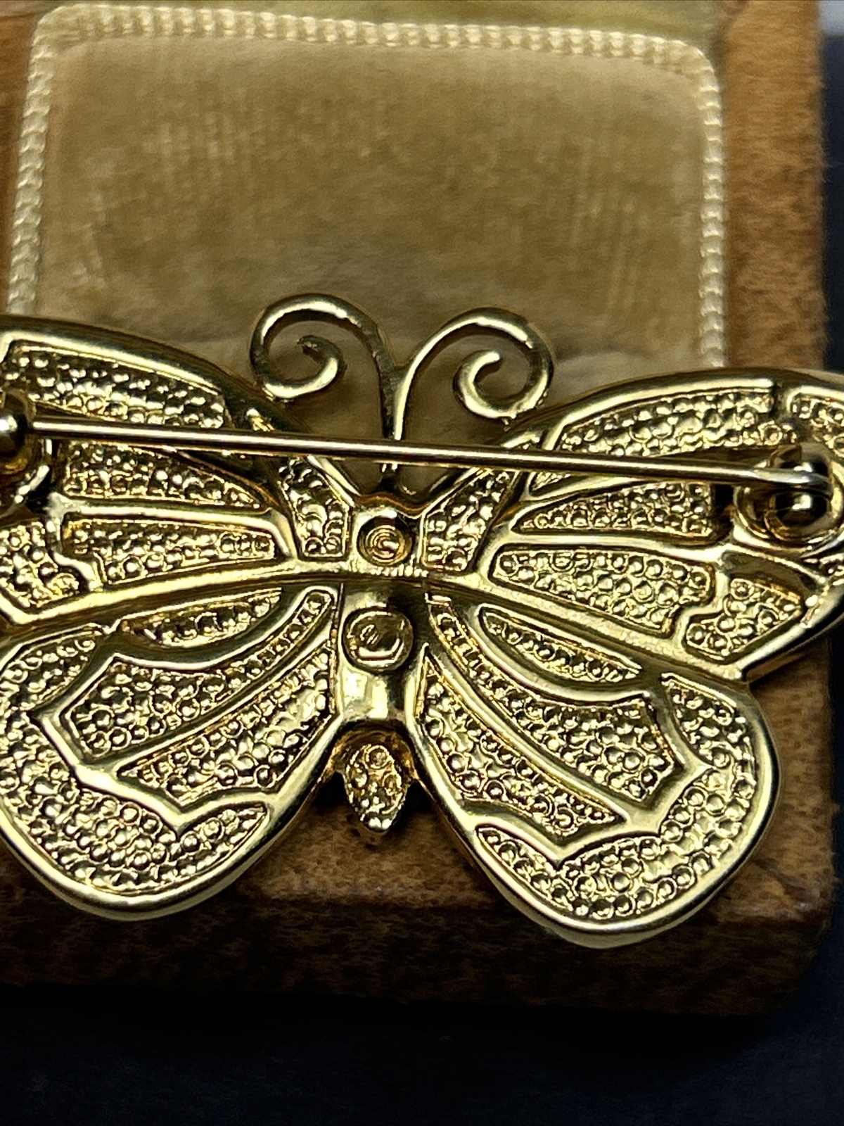 Swarovski Gold Tone Green & Red Enamel Clear Rhinestone Butterfly Brooch