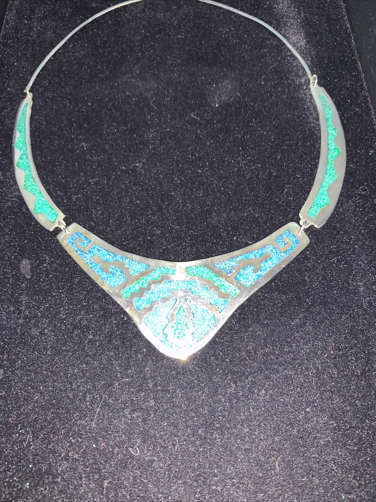 Vintage Alpaca Mexico Turquoise Mosaic Inlay Necklace