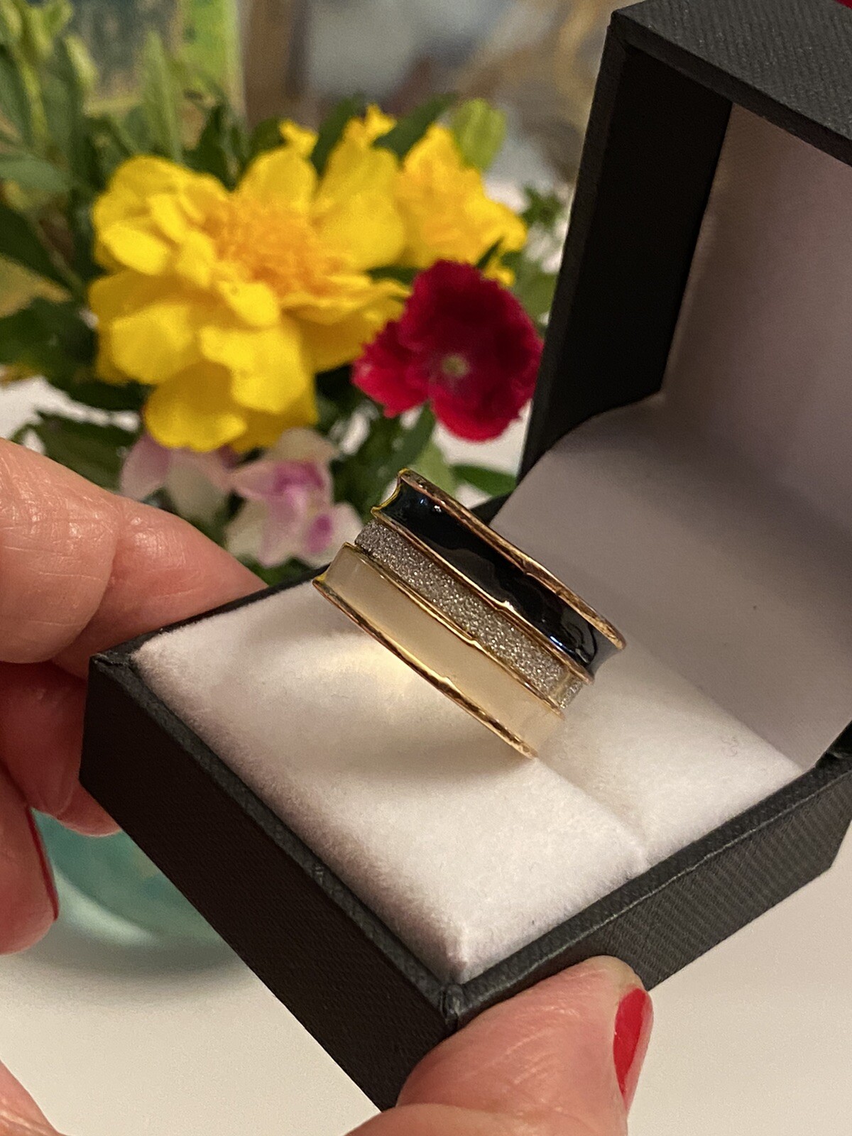 Vintage Enamel Paved Crystal Wide Band Ring