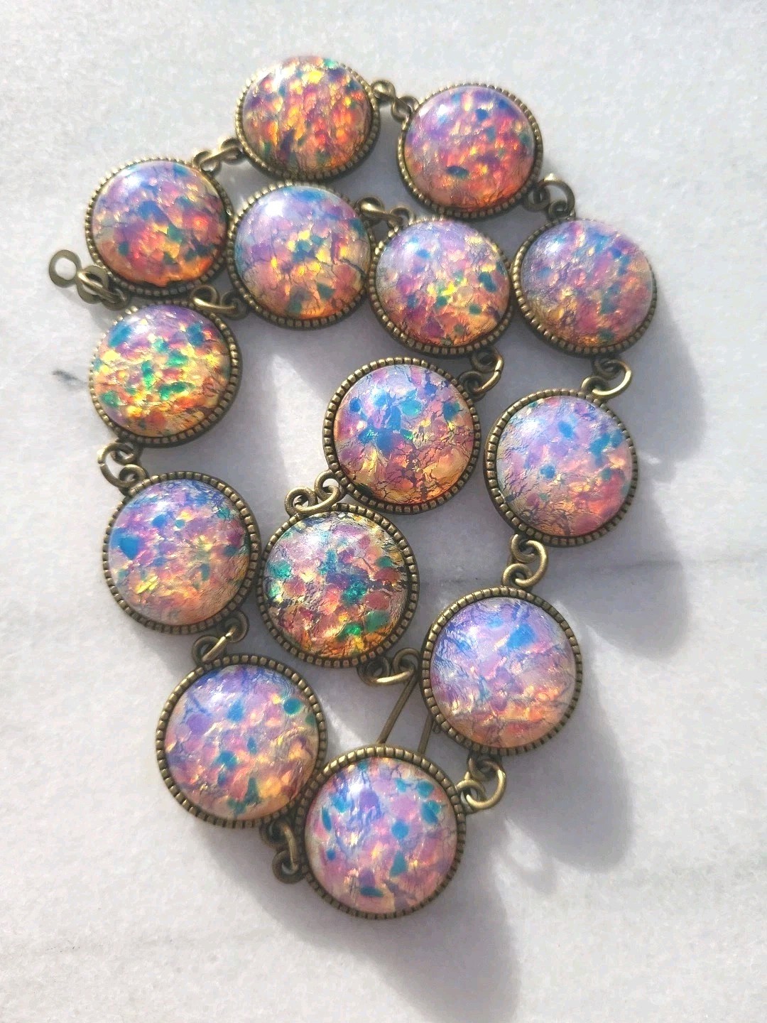 VINTAGE OPAL FOIL MILKY LILAC GLASS CABACHON STATION NECKLACE SET HEAVY ARTISAN