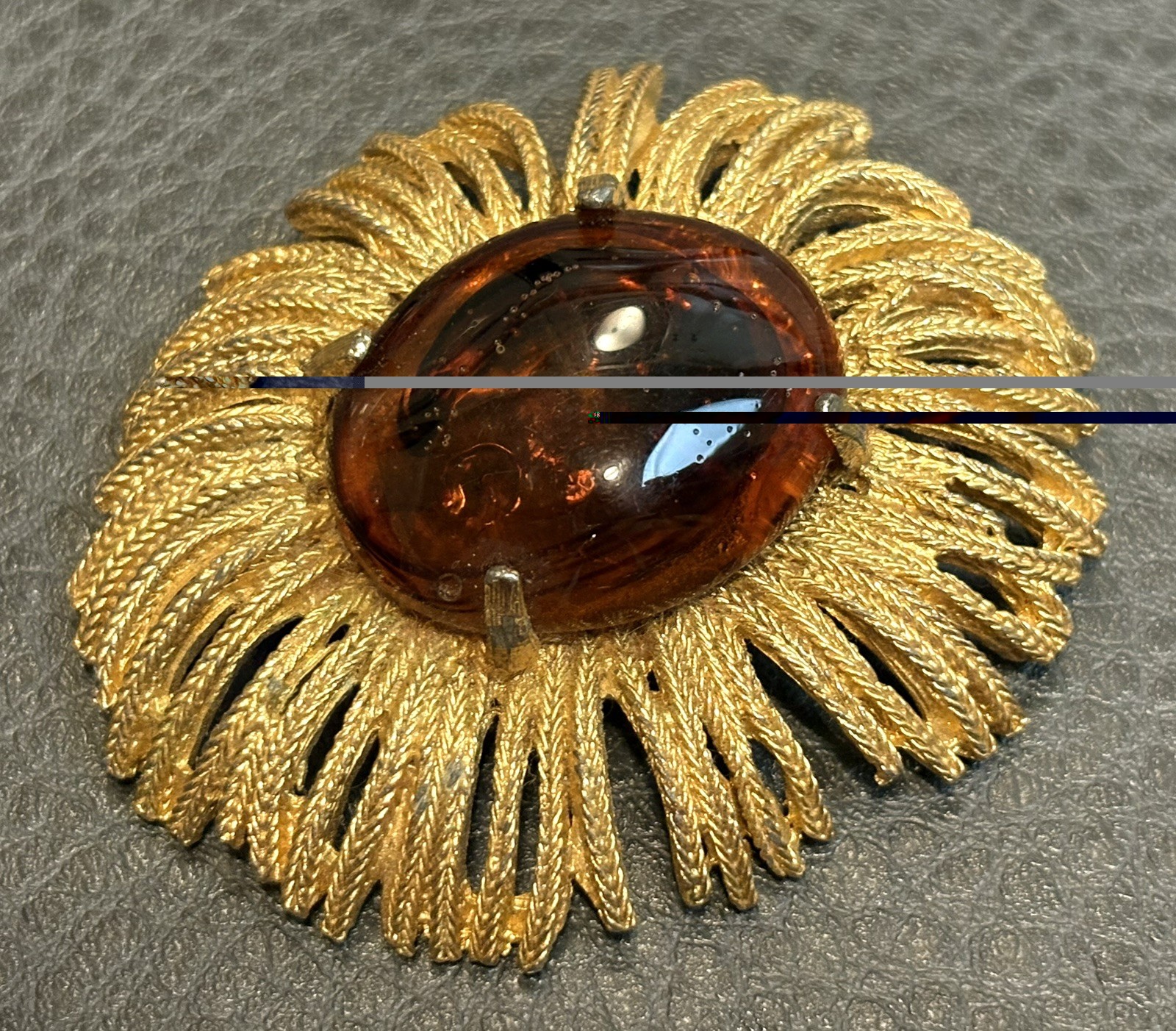 Vintage HUGE Modernist Brutalist Brooch Faux Amber Cabochon Rhinestone Gold Tone