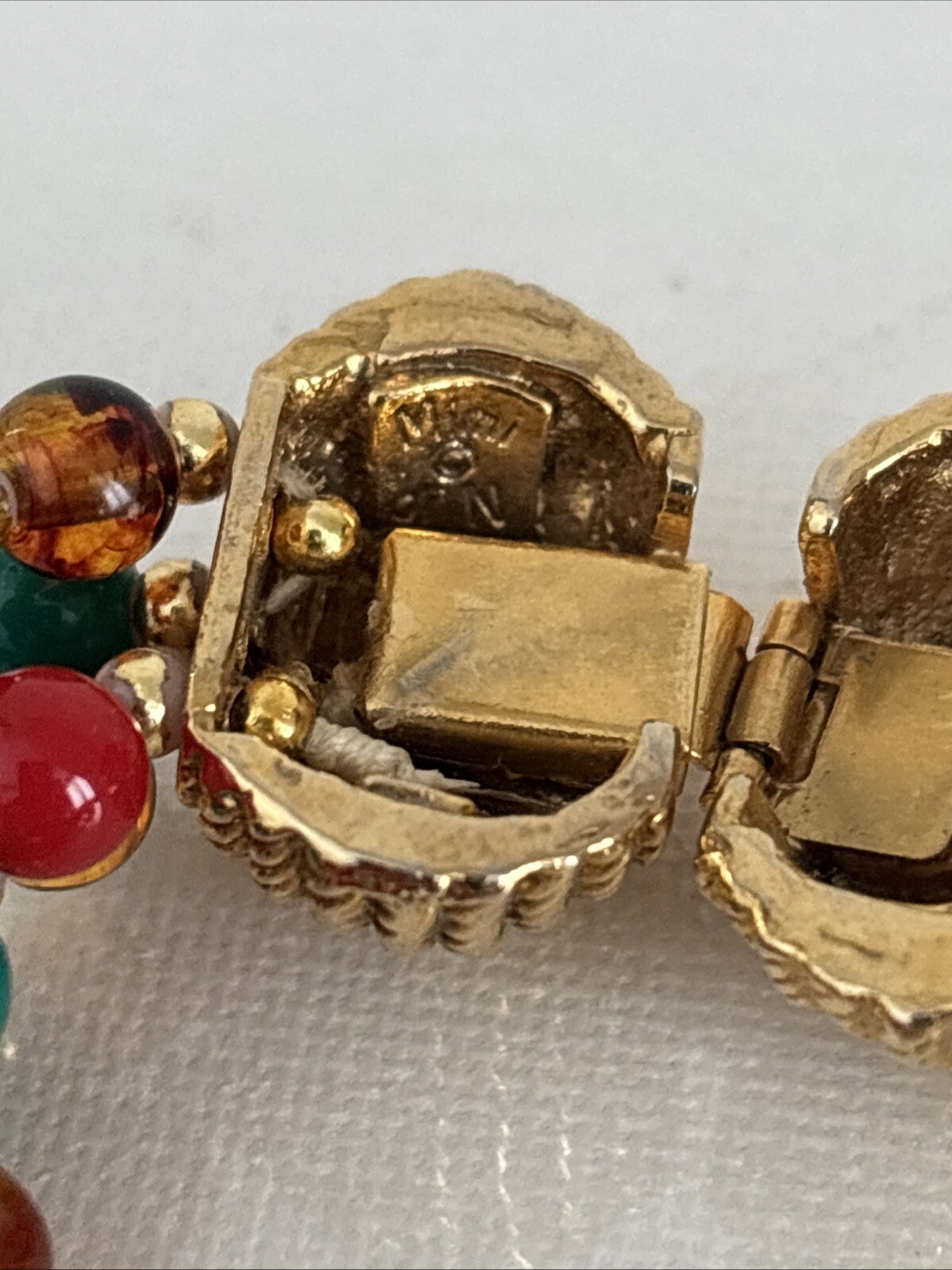 Vintage Mimi di N Beaded Necklace 1970s Designer Gold Red Green Collar