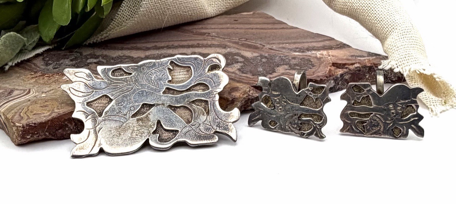 VINTAGE STERLING GUATEMALA PIN BROOCH+SCREWBACK EARRINGS Set R&M Estate Jewelry!