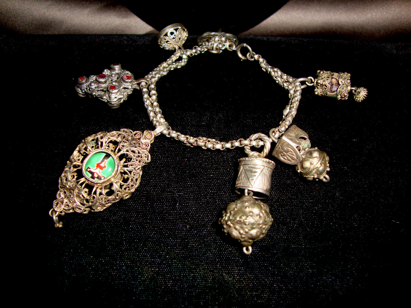 Sterling Silver Etruscan Bali Filigree Fob Charm Rolo Link Double Chain Bracelet