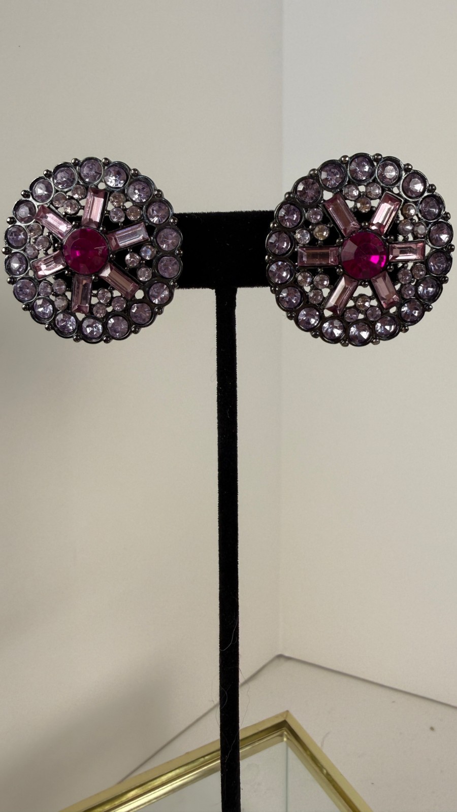 Vintage Gunmetal Pink Glass Rhinestone Statement Stud Earrings