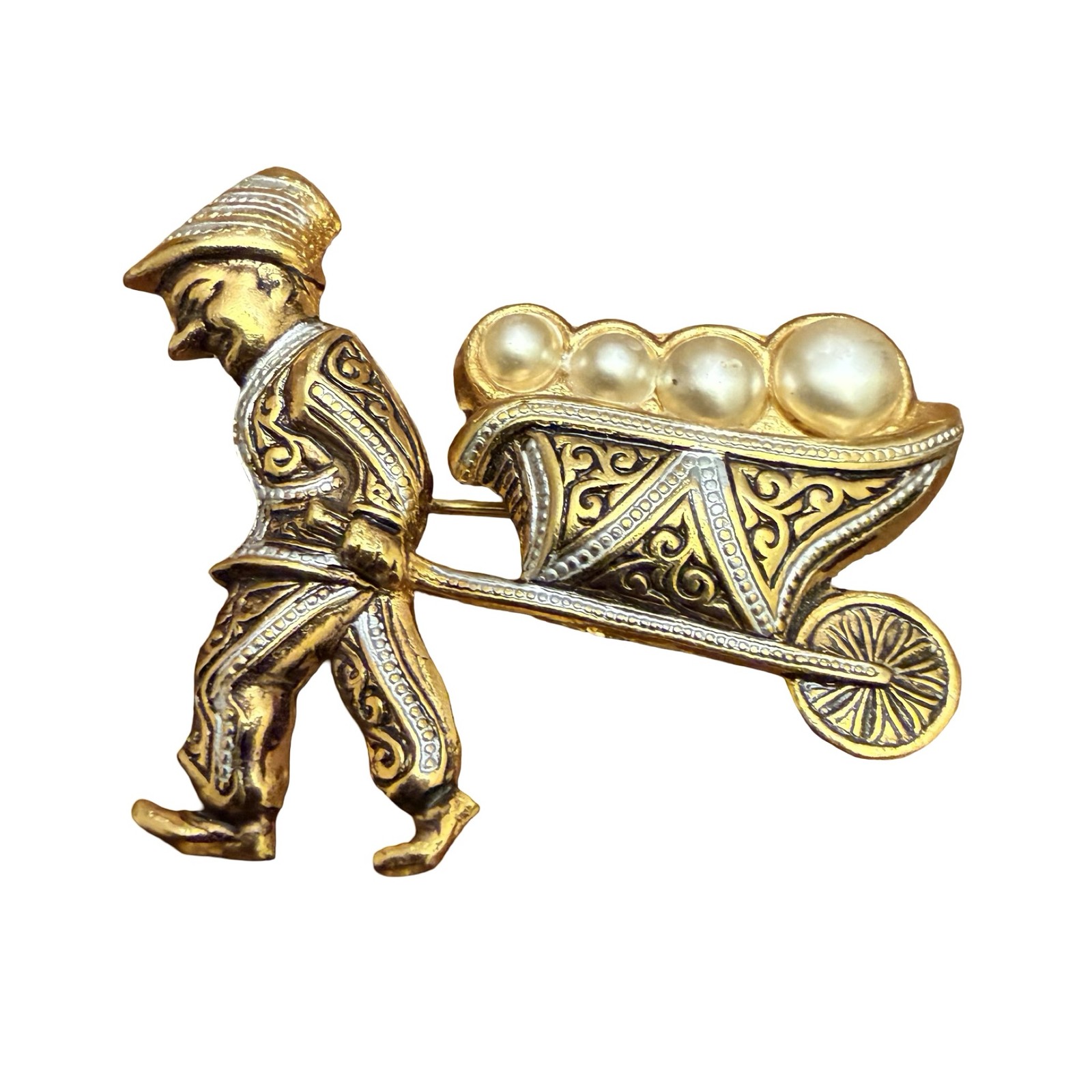 Vintage Man Pushing Wheelbarrow Brooch Pin Gold Tone Faux Pearls