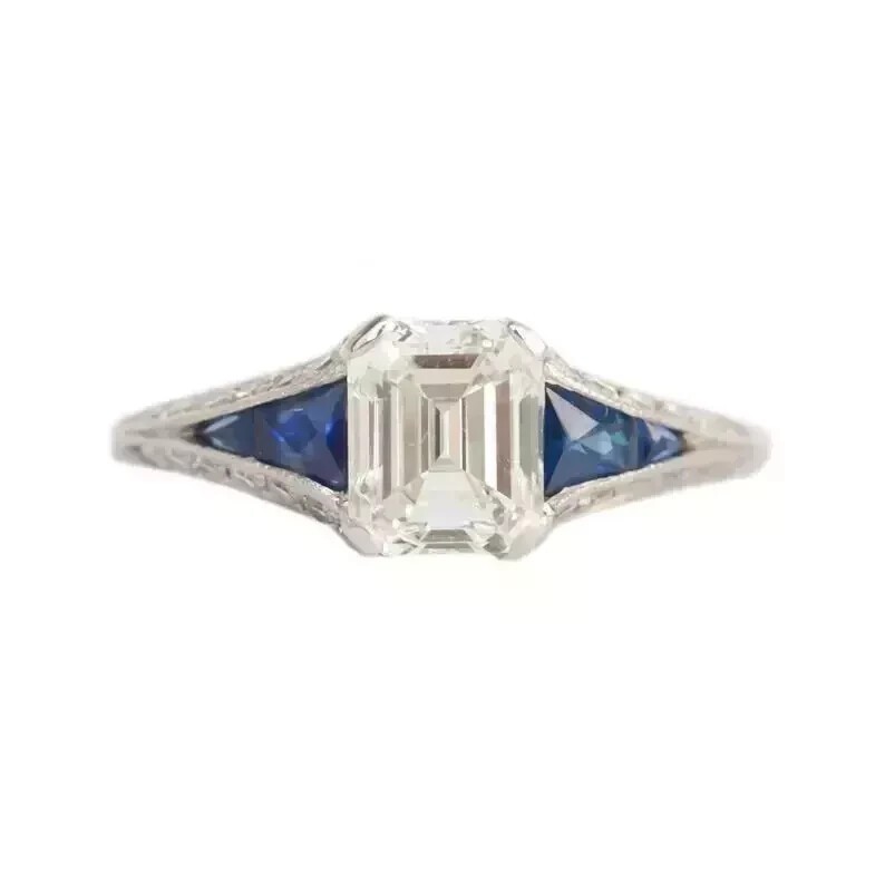Art Deco Emerald Cut Lab Created Diamond Engagement Ring 14K White Gold FN