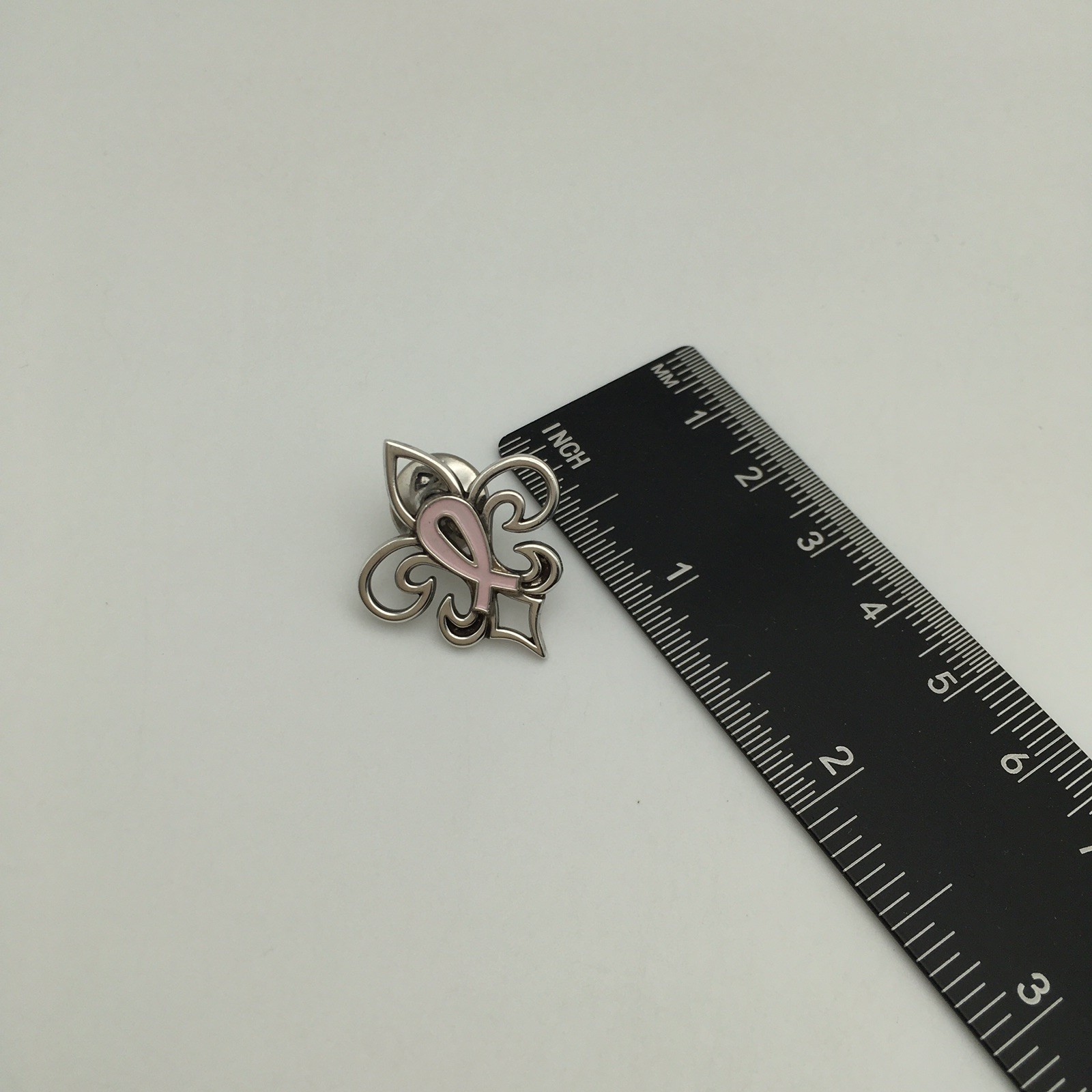 Vintage Sterling Silver Pink Breast Cancer Ribbon Fleur De Lis Pin Tack 3.3g #58