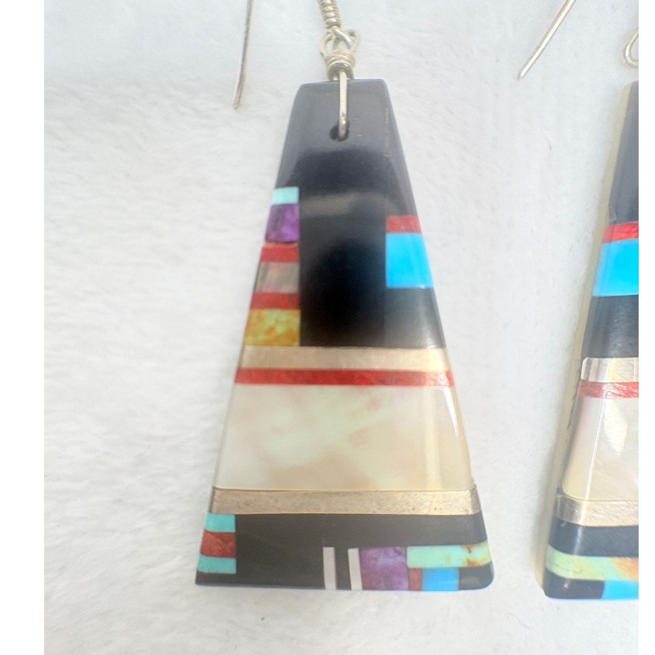 Artisan Inlay Earrings Turquoise Coral Spiny Oyster Onyx MOP on Shell Backplate