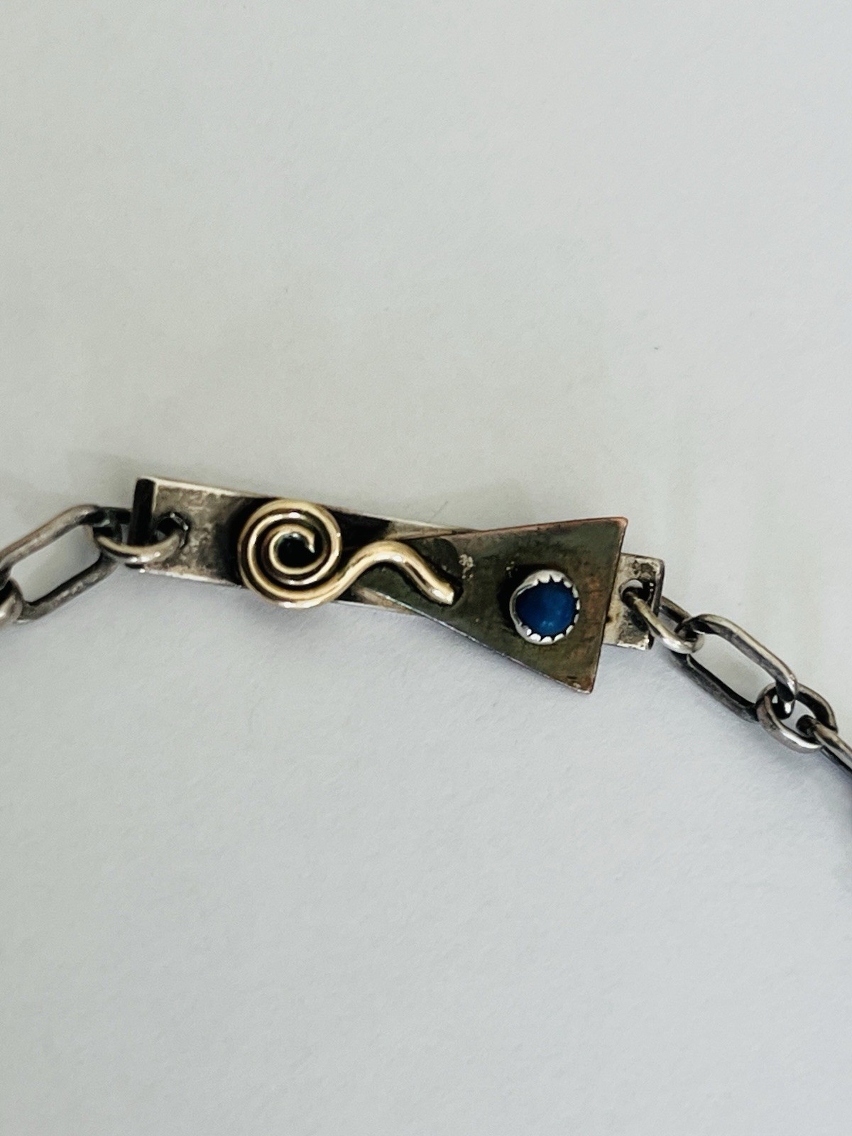 Vintage Signed MA Modernist Mixed Metal Sterling Silver Stone Link Bracelet