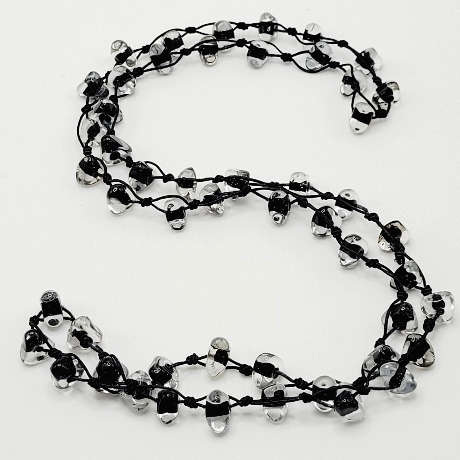 Art Glass Clear Ice Pebble Bead Hand Knot Black Thread Single Strand Necklace