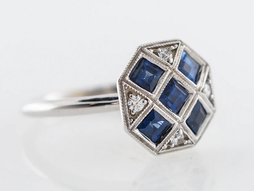Vintage Right Hand Ring Retro 1.10 Ct Square Cut Lab Sapphire Diamond in Silver