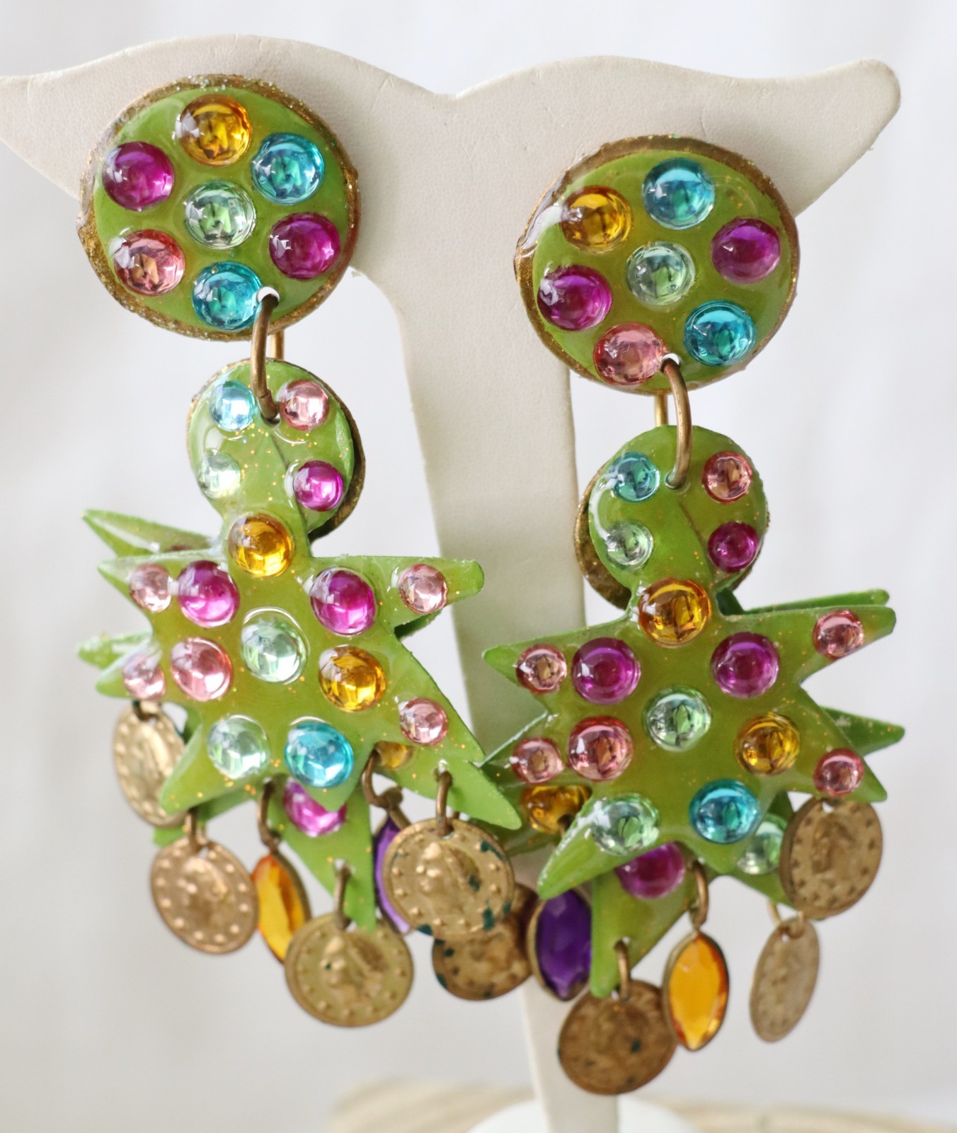 Vintage Green Resin Metal Christmas Tree Colorful Clip-On Dangle Earrings 4″