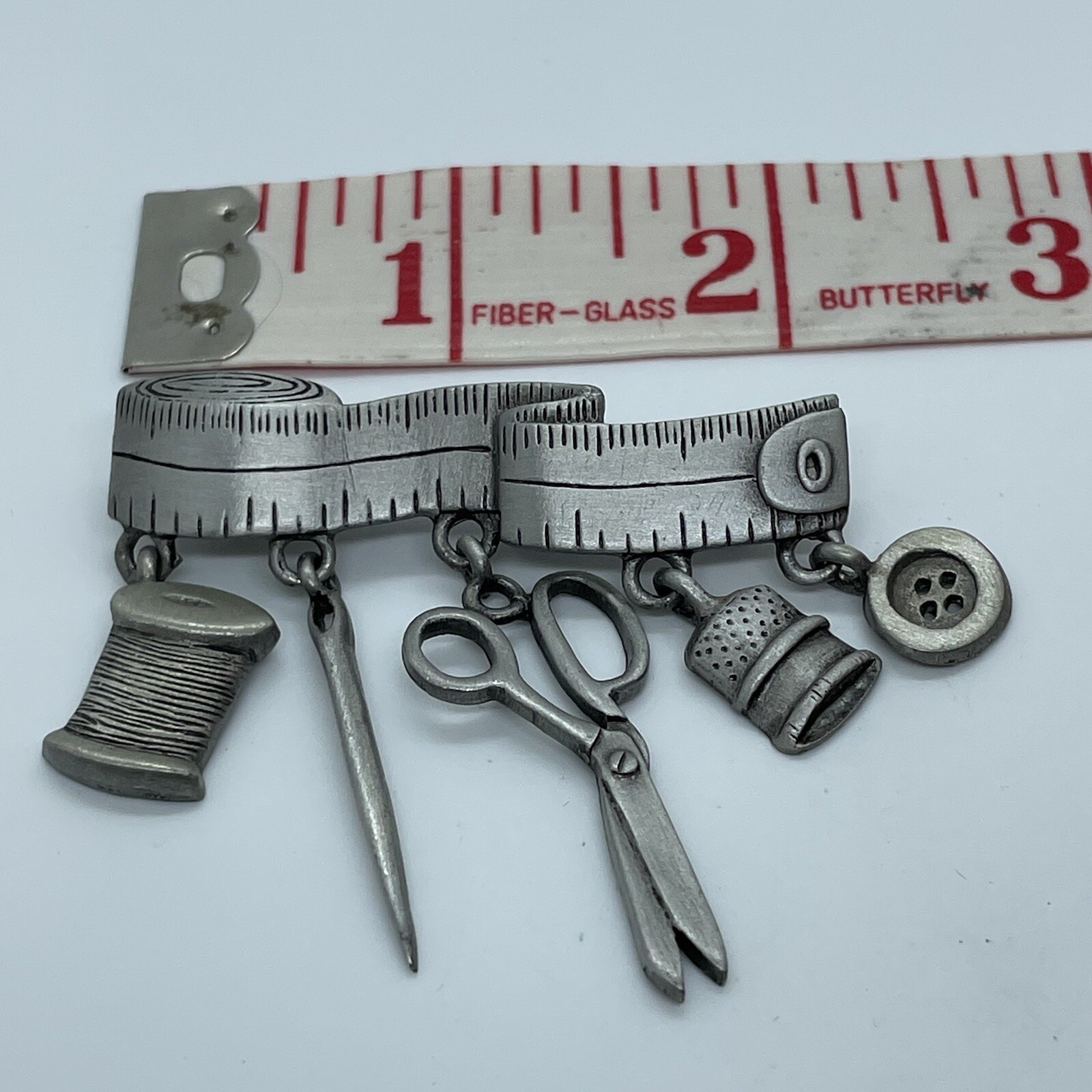 Vintage Sewing Theme Brooch Pin Tape Measure Scissors Thread Button Thimble