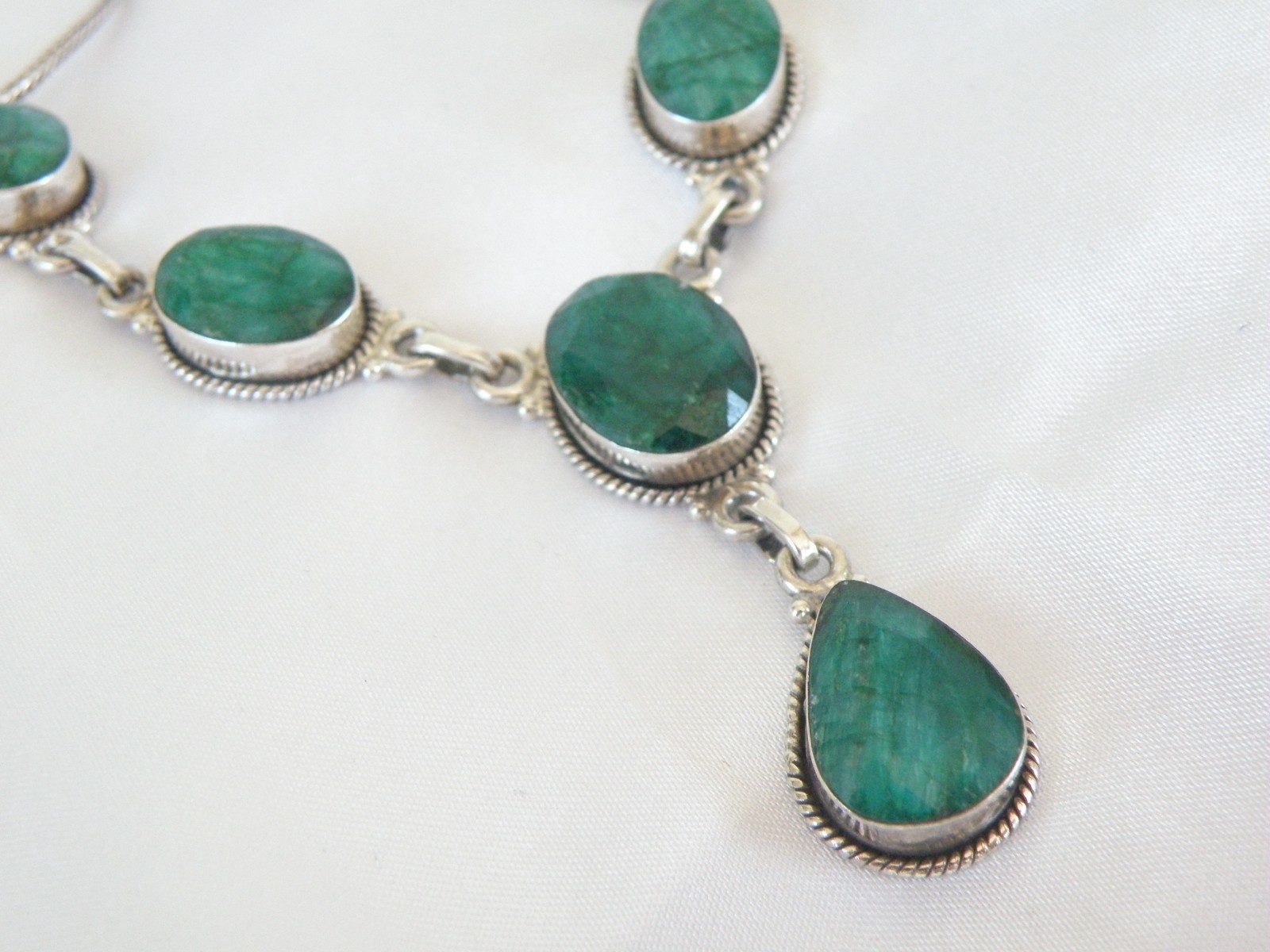Vintage Sterling Silver 925 Large Natural Raw Emerald Statement Necklace 19″