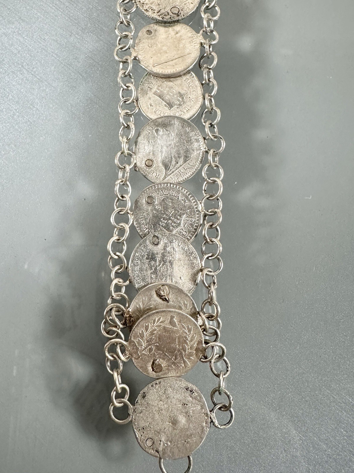 Antique 835 Silver 1800s Guatemala Coins Charm Bracelet 7” Inches