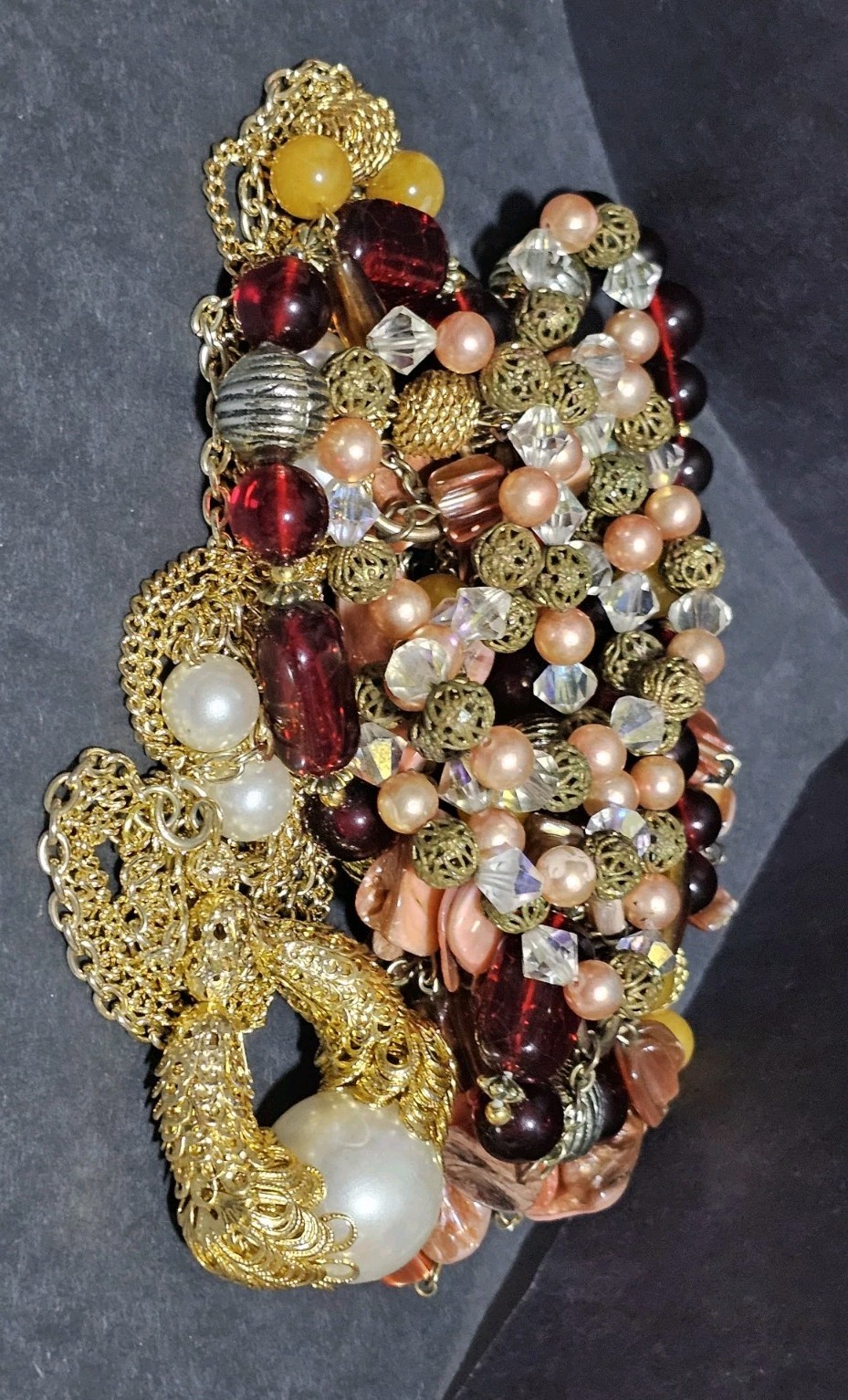 Estate Lot 5 Earth Tone Acrylic Lucite Shell Brass Accent Beaded Necklaces