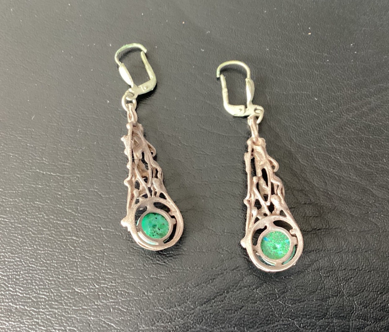 Vintage Ges Gesch West Germany Silver Green Stone Dangle Earrings