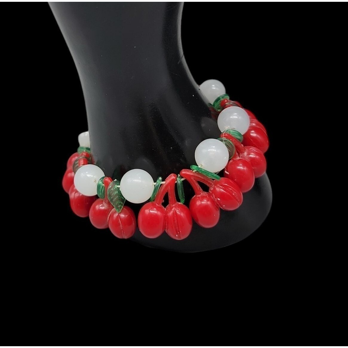 Lucite Cherry 34″ Necklace & 7″ Stretch Bracelet Red Cherries Translucent Beads