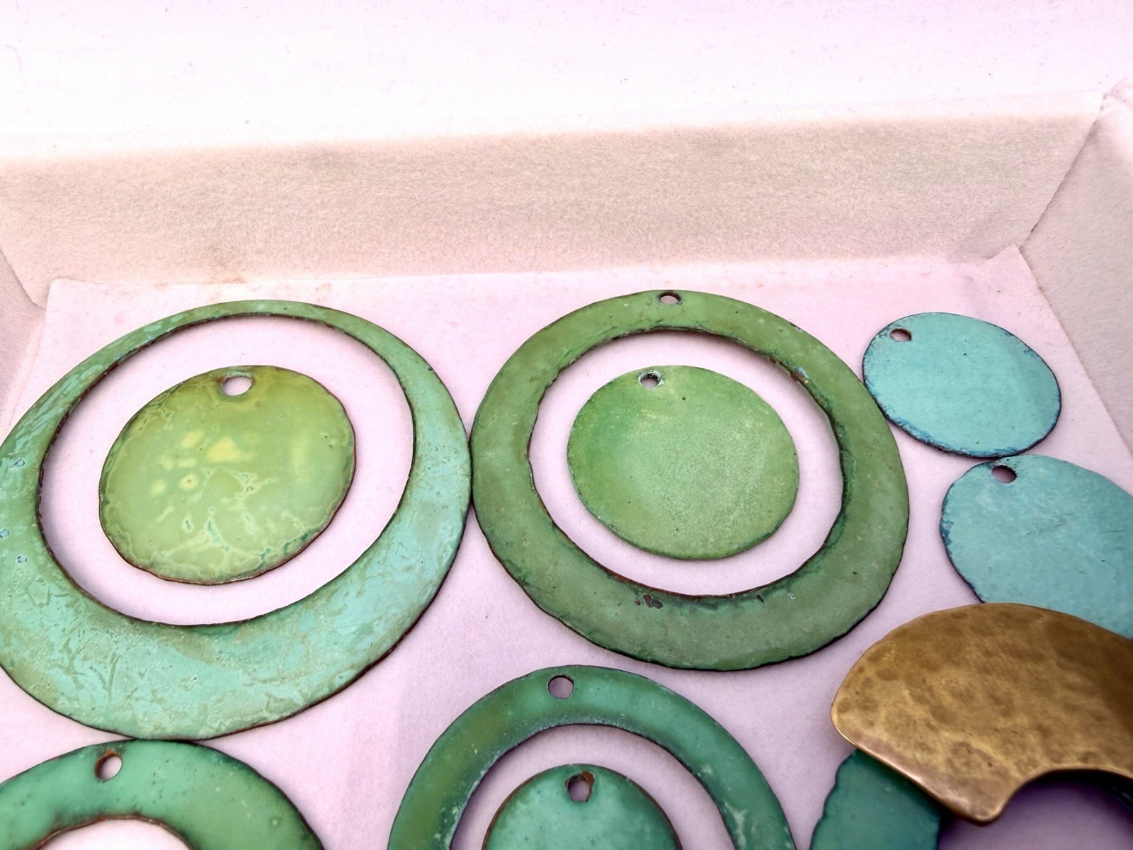 34 Pcs Vintage Handmade Hammered Brass Copper Layered Enamel Green Findings