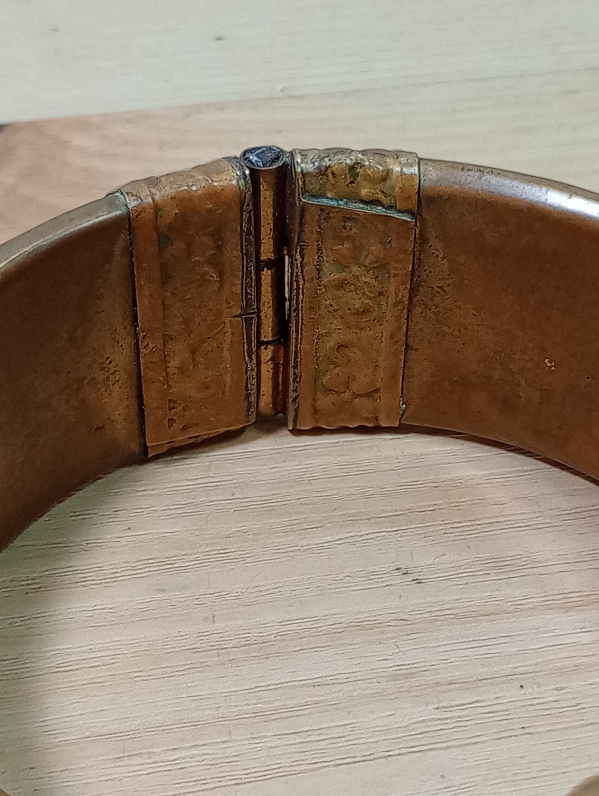 Vintage hinged brass bangle bracelet with etchings/ pin closure Morocco Or India