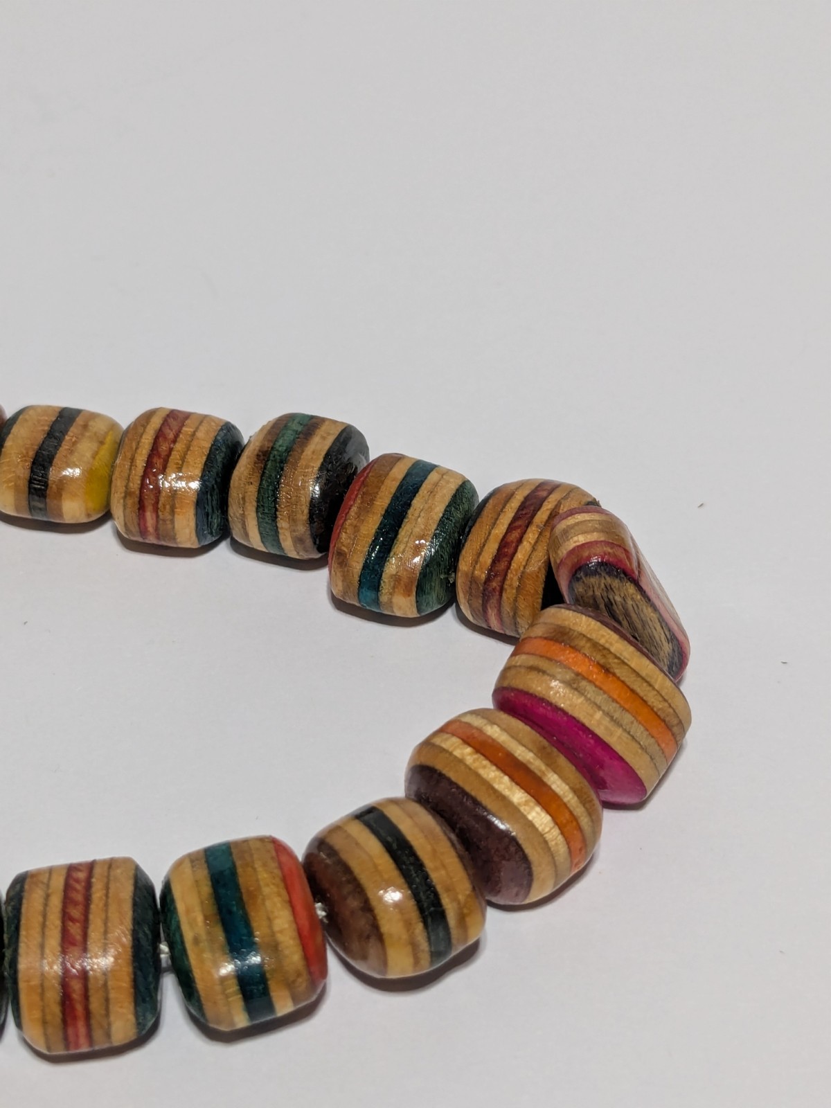 Vintage Multicolor Wood Bead Handmade Necklace. Silver Tone End Caps. 21″ BOHO