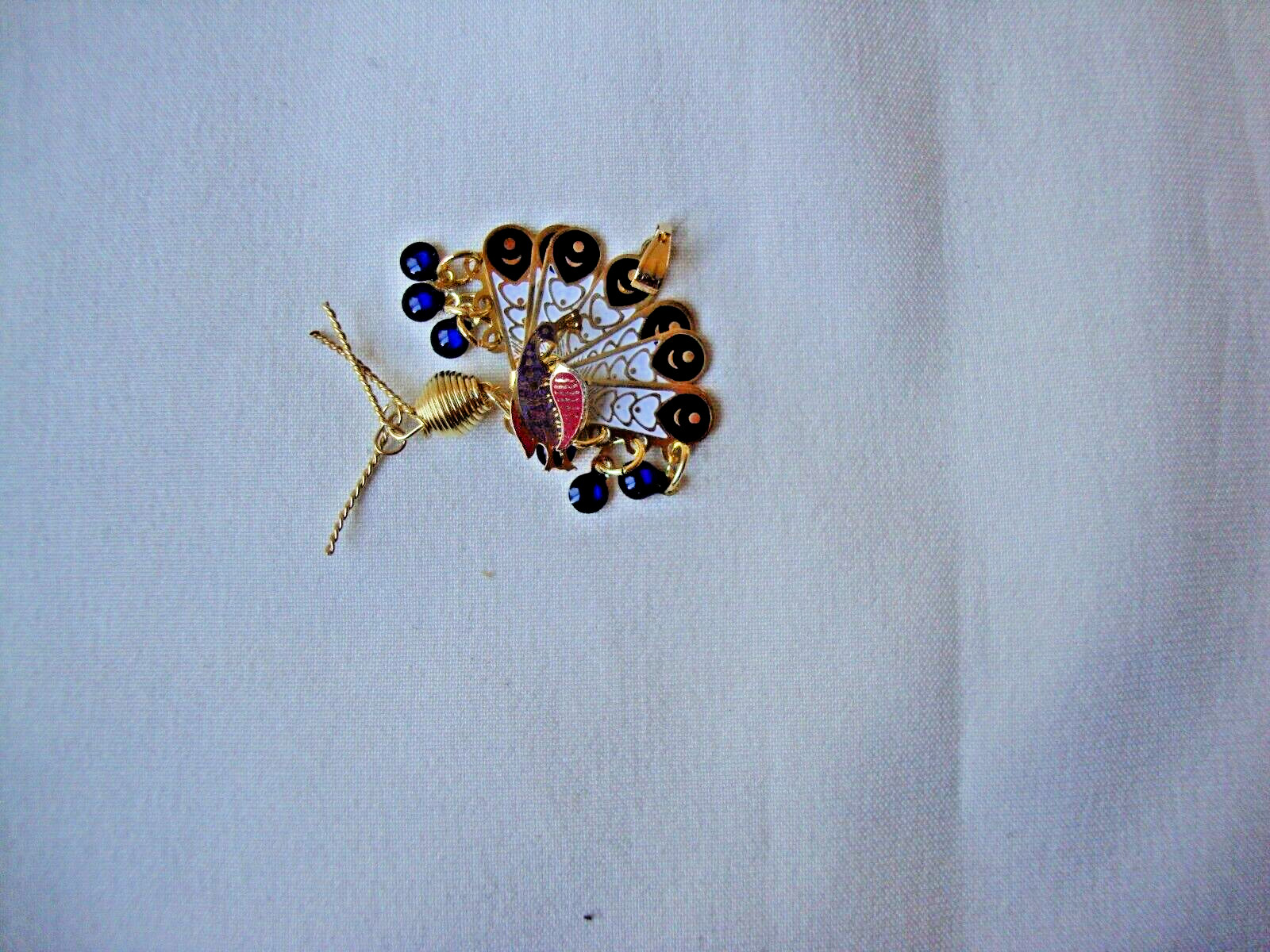 Vintage Folding Peacock Fan Purple Red Blue & White Enamel Gold Plated Pendant