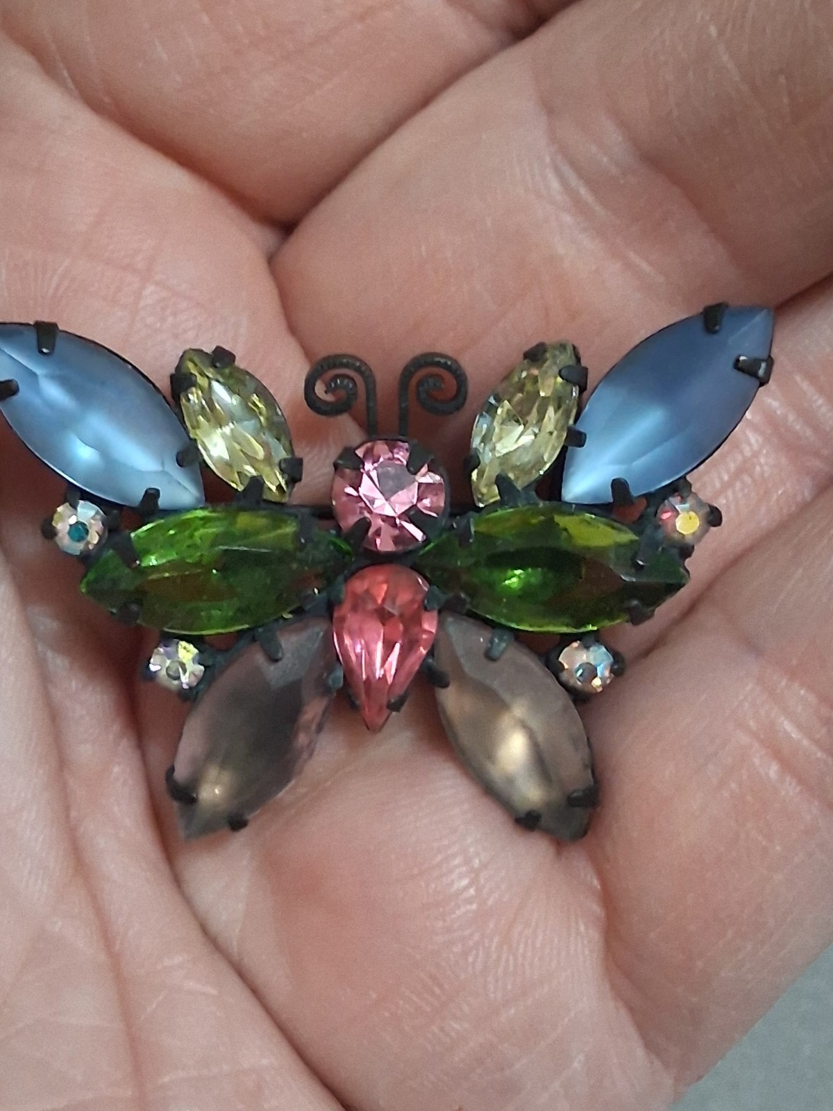 Vintage Juliana butterfly brooch multi color & shape prong set stones
