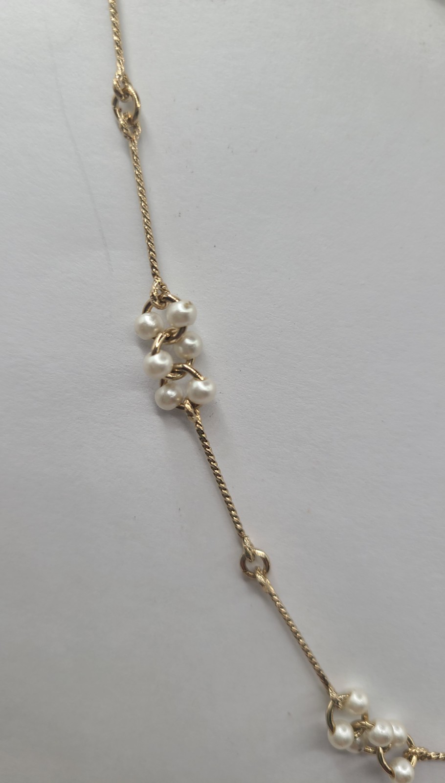Vtg Avon Goldtone White Faux Pearl Cluster Bar Link 24″ Station Necklace Signed
