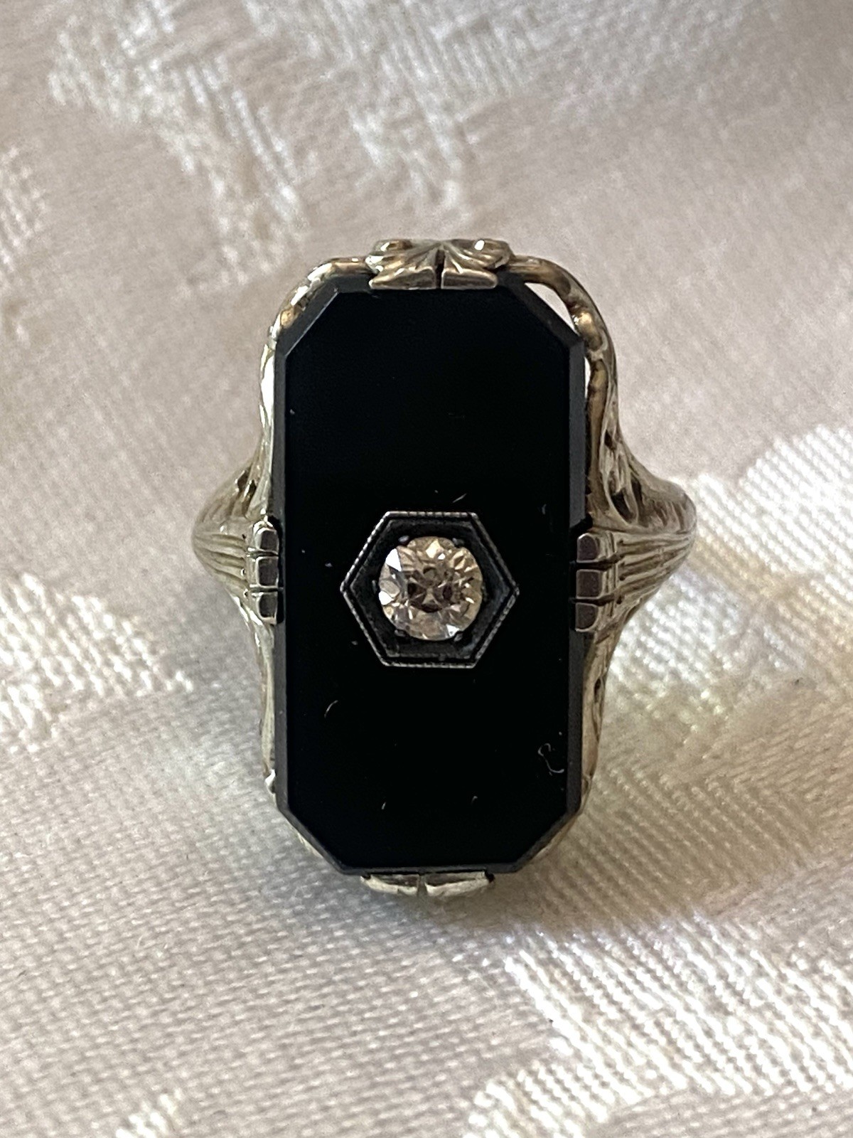 Antique Art Deco Onyx 14k White Gold Diamond Ring