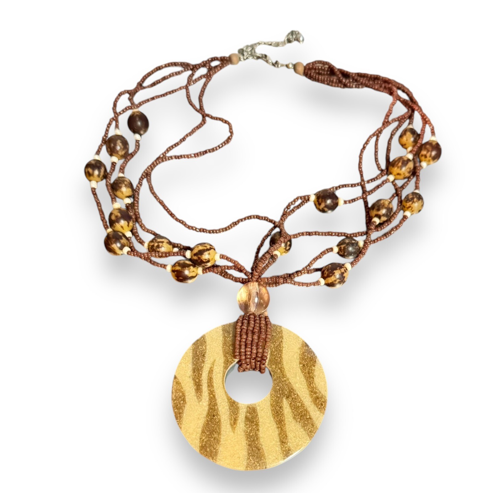 VTG Y2K Beaded Pendent Zebra Stripped Necklace 90s Casual Daily Safari