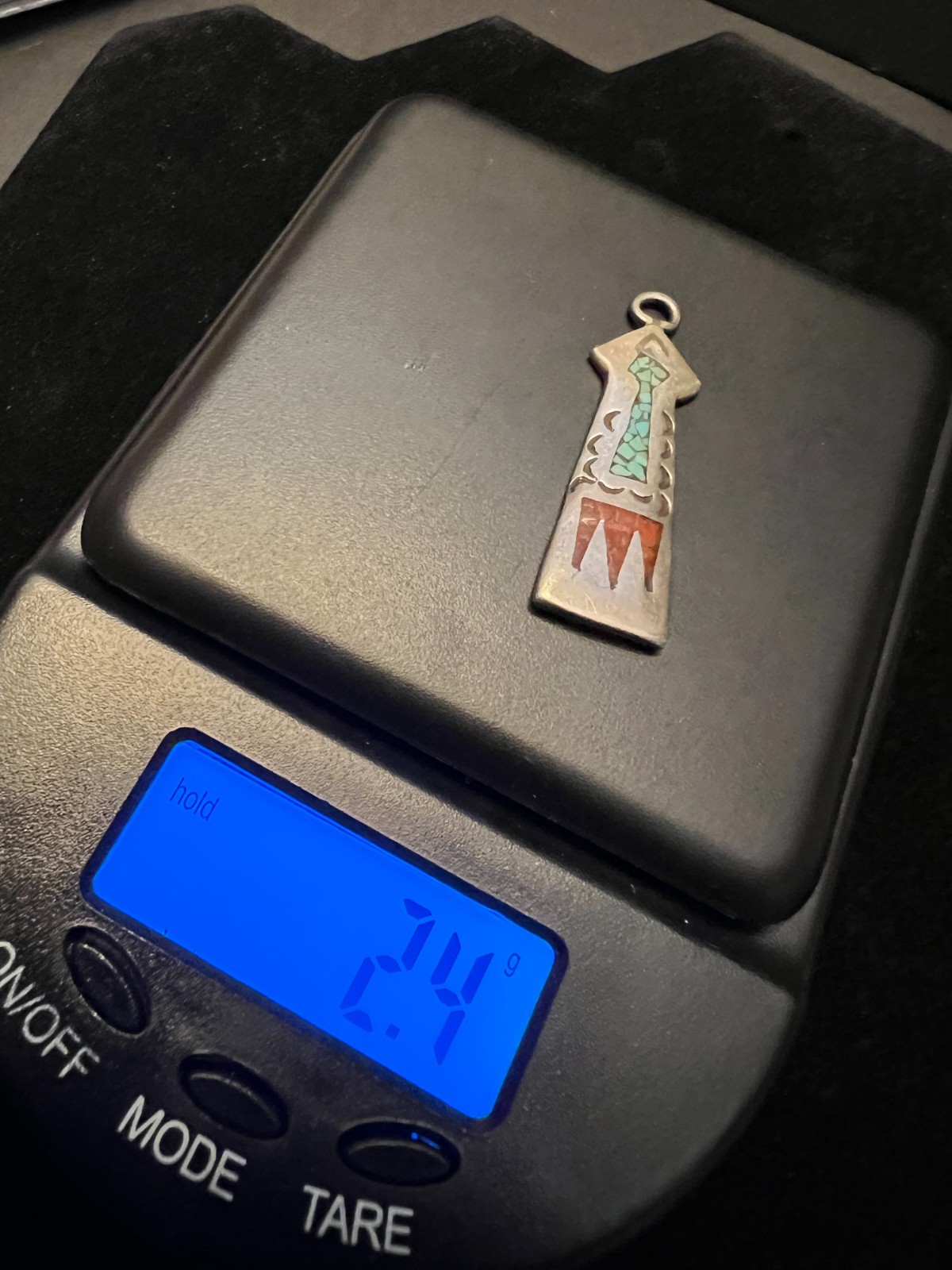 Native American-style pendant with turquoise and coral chip inlay RR SD marking