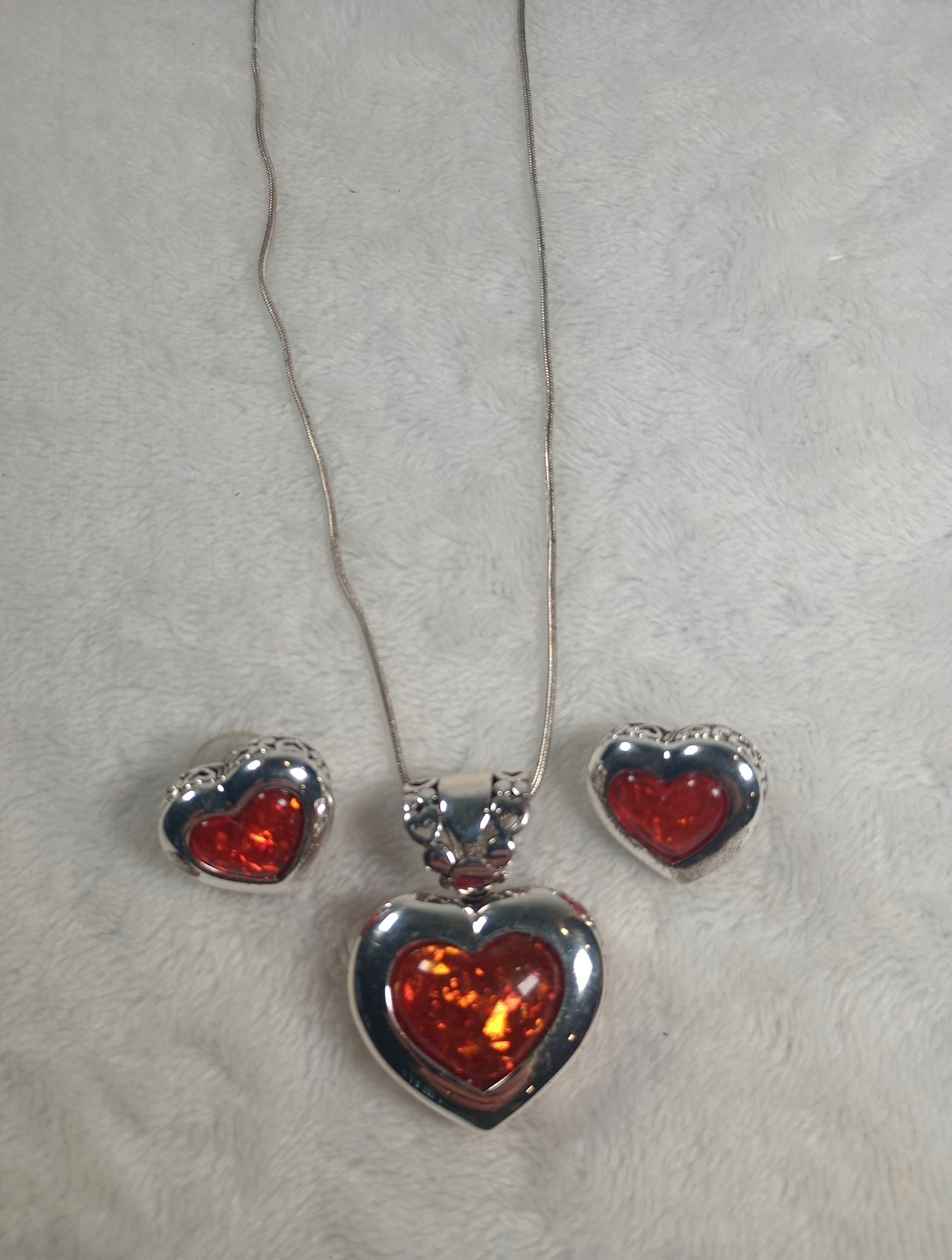 Vintage Silver Tone Amber Heart Necklace Earrings Set Romantic Valentine