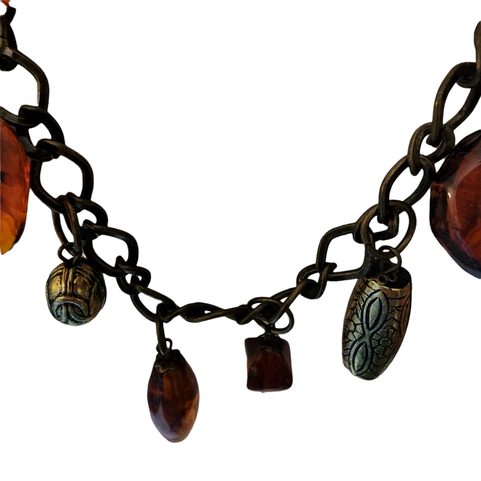 Vintage Necklace Amber Color Beaded Heart Drops Extra Long Different Shapes Vale