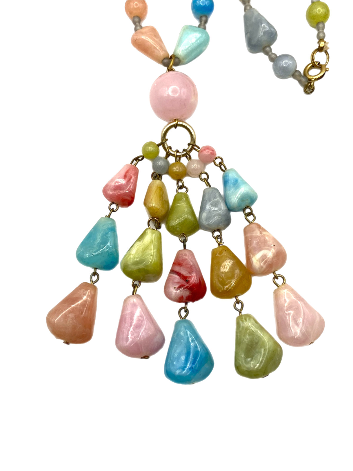 Vintage Chunky Pastel Multi-Color Beaded Tassel Pendant Necklace Plastic 30″