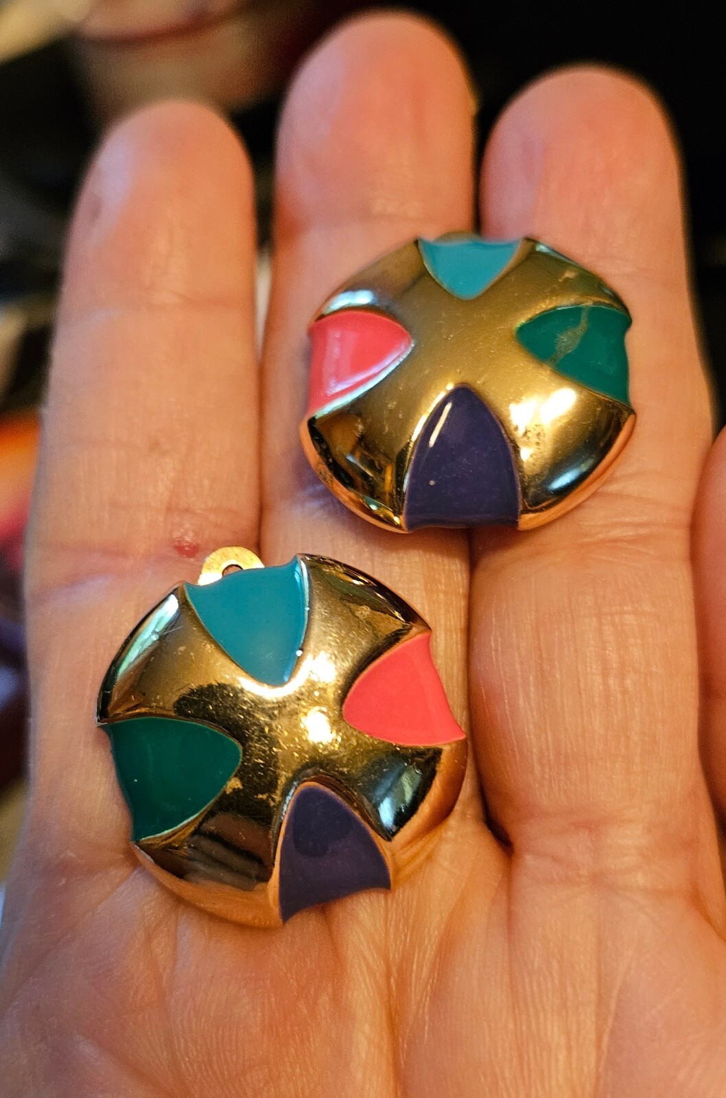 Vintage Gay Boyer Multi Color Enamel Gold Tone Clip On Earrings