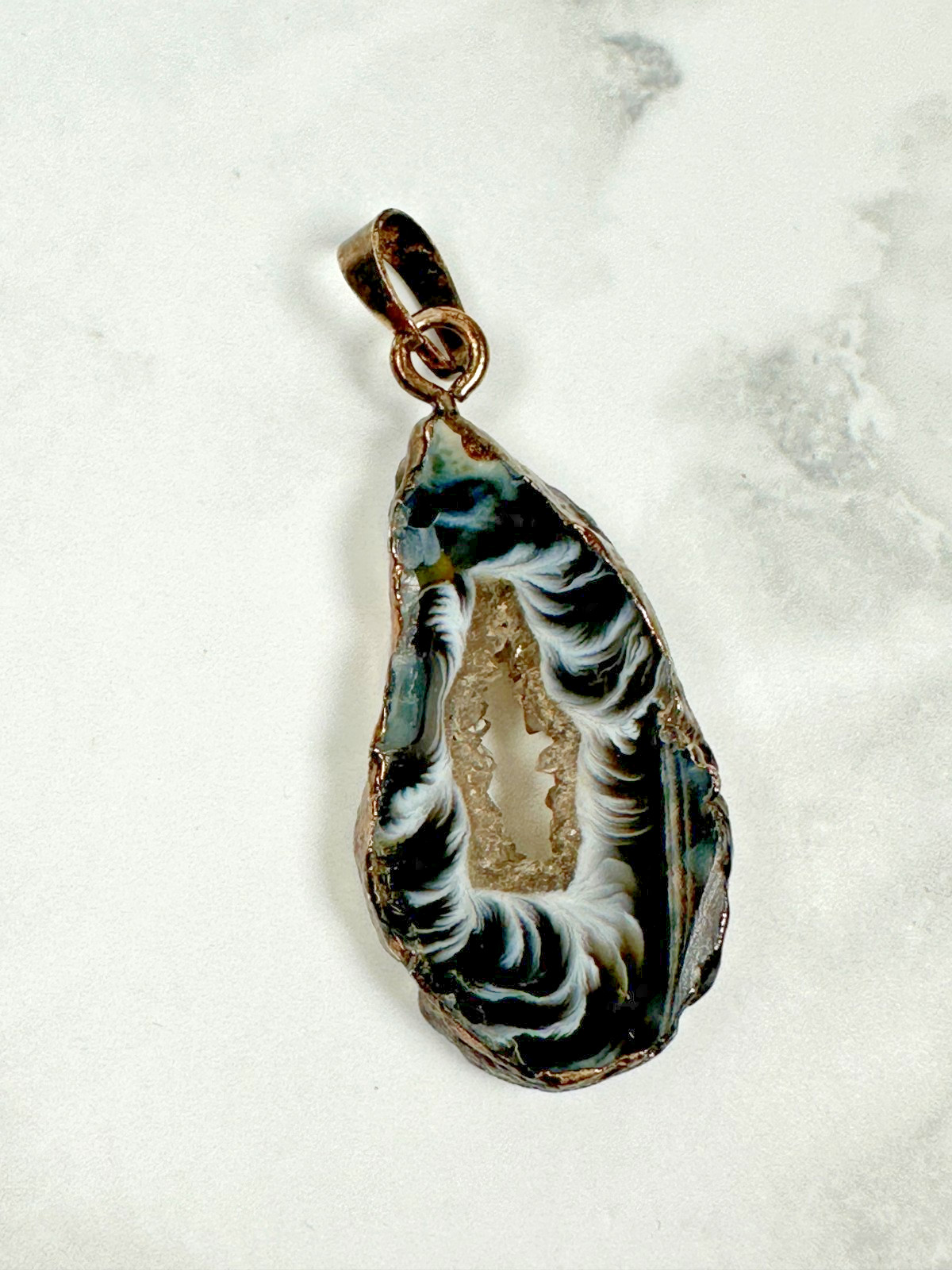 Natural Geode Druzy Pendant in Copper Ribbon Wrapping – 2″ Long
