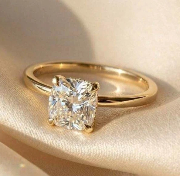 Pure 10K Yellow Gold With Cushion Cut 2.00CT White Moissanite Women Party RingFN