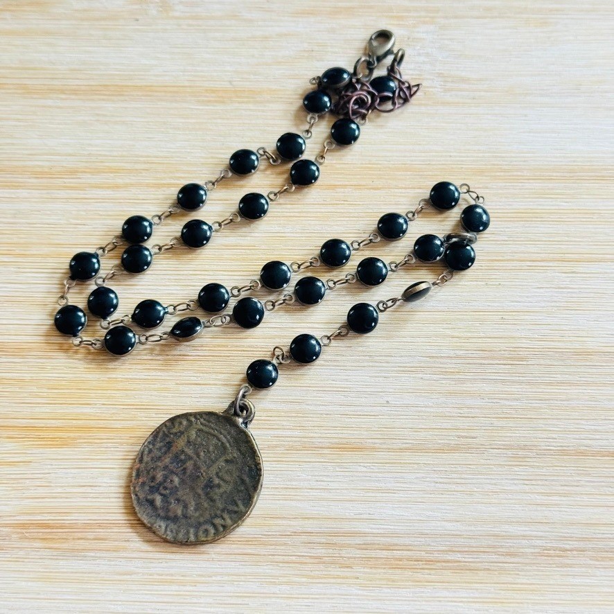 Gothic Style Rosary Cross Coin Necklace Devotional Rustic Chain black Jet Glass