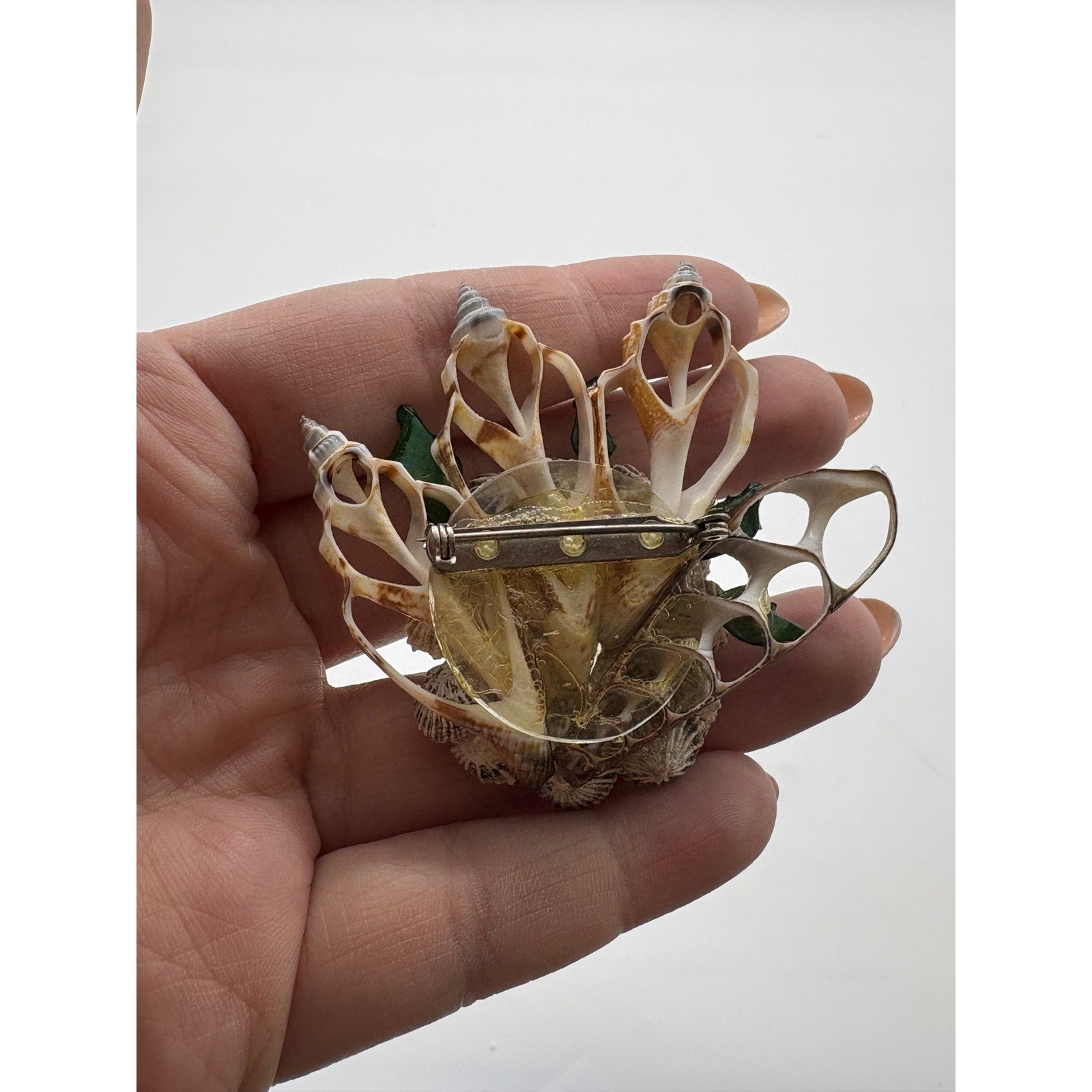 Vintage Natural Sea Shell Flower Brooch with Faux Pearl Accents Coastal Pin