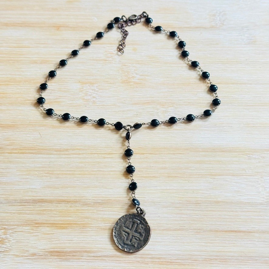 Gothic Style Rosary Cross Coin Necklace Devotional Rustic Chain black Jet Glass